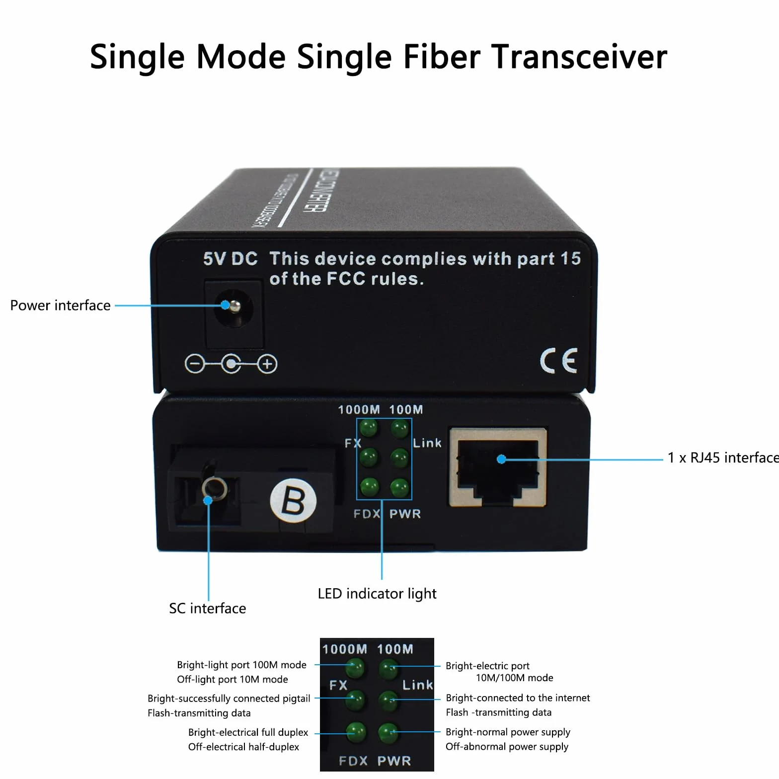 Gigabit Ethernet Media Converter 10/100/1000 Mb/s Konwerter światłowodowy z pojedynczym portem RJ45, SC, 5 V Zewnętrzne źródło zasilania, 2 opakowania