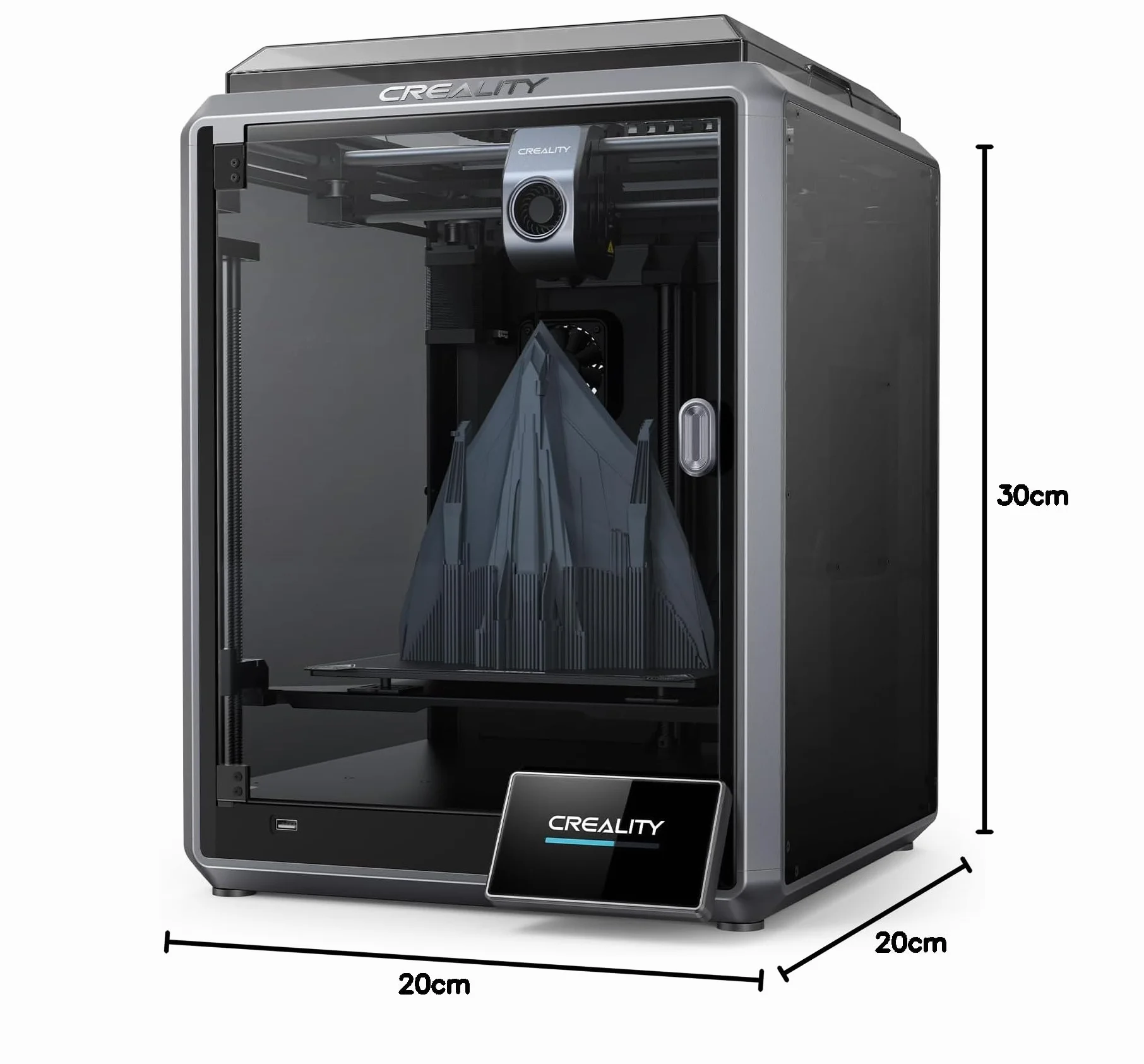 Creality K1 Drukarka 3D, prędkość druku 600 mm/s dwurdzeniowy procesor 1,2 GHz wysoka temperatura 300°C dysze drukujące 3D wyświetlacz LCD funkcja automatycznego poziomowania
