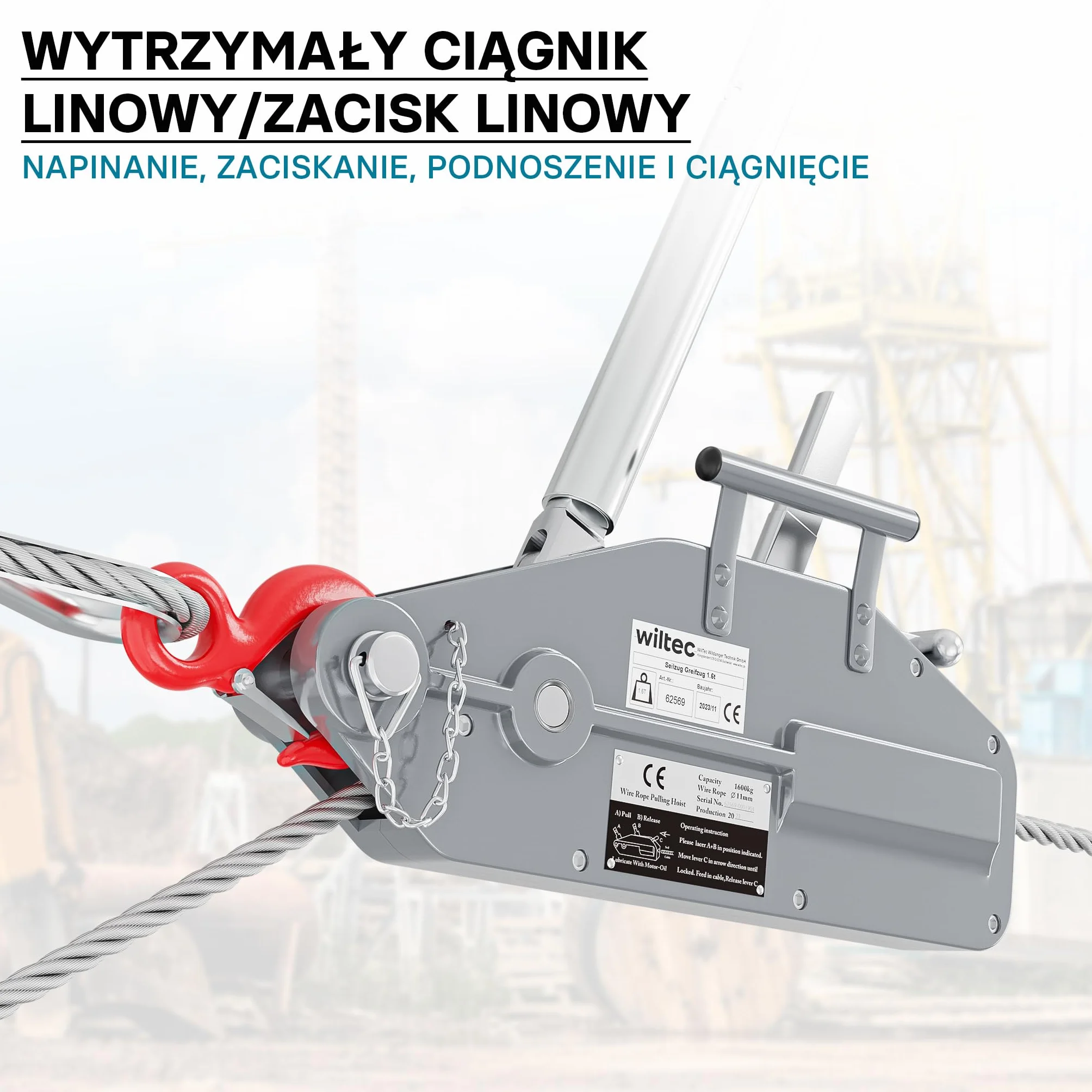 Wiltec Ręczna wciągarka linowa 1600 kg ze stalową liną 20 m i Ø 11 mm, hak z blokadą, wyciągarka ręczna do prac leśnych, budowlanych i warsztatowych