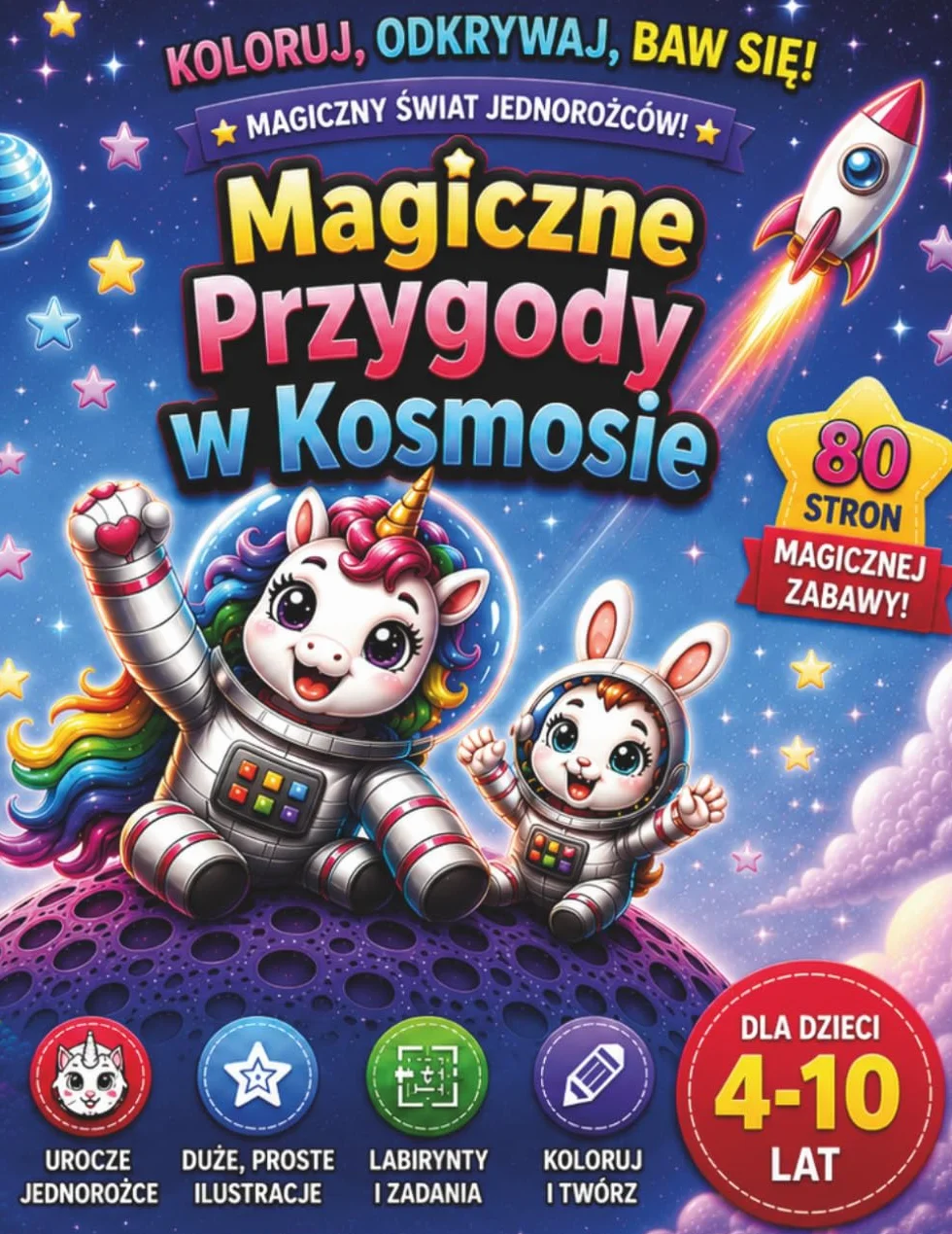 Magiczna Przygoda w Kosmosie: Kolorowanka z Jednorożcami dla Dzieci: 80 Stron Zabawy, Labirynty, Łamigłówki i Duże Obrazki do Kolorowania dla Dziewczynek i Chłopców 4-10 Lat