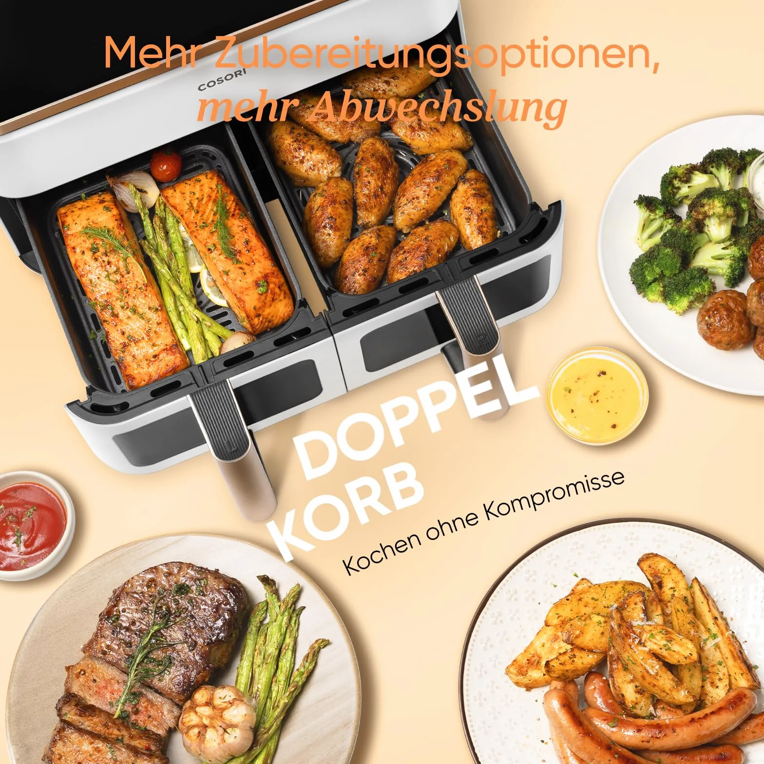 COSORI Frytkownica na gorące powietrze, 2 komory, zwycięzca testu Stiftung Warentest, 8,5 l, Airfryer 6 w 1, z okienkiem, kremowo-biała