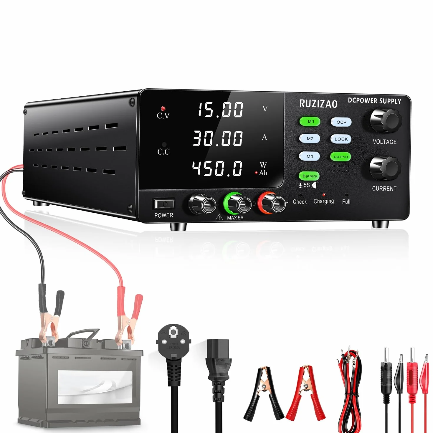 Zasilacz laboratoryjny 15 V 30 A, zasilacz laboratoryjny, 450 W, wysokowydajny DC, regulowany zasilacz z regulacją kodera 6 V, 12 V, ładowanie akumulatora, z funkcją pamięci OCP, laboratoryjne