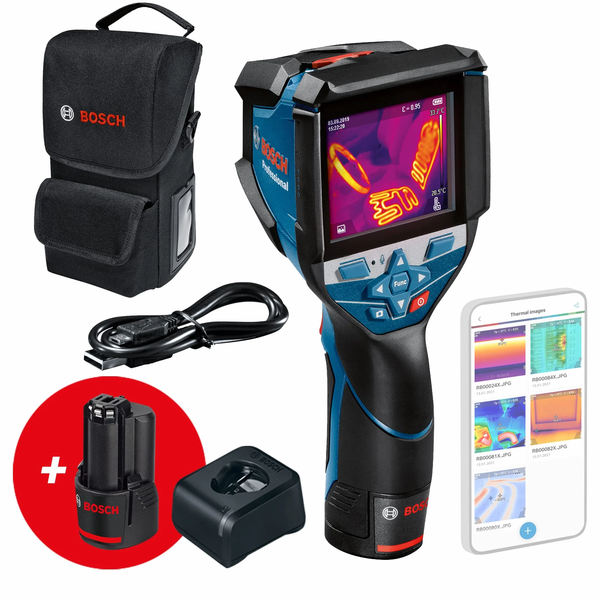 Bosch Professional system 12V: kamera termowizyjna GTC 600 C (2 akumulatory GBA 12V 2.0Ah, zakres temp.: –20°C do +600°C, rozdzielczość: 256 x 192 px, pokrowiec) – Amazon Exclusive Set