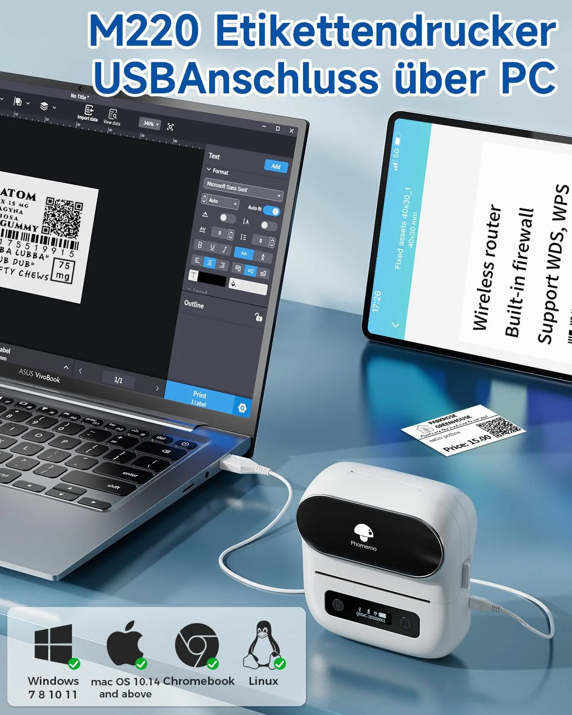 Phomemo M220 drukarka etykiet Bluetooth, przenośne urządzenie do etykietowania, drukarka etykiet do domu, biura i małych firm, obsługa telefonów i PC, z 3 rolkami etykiet