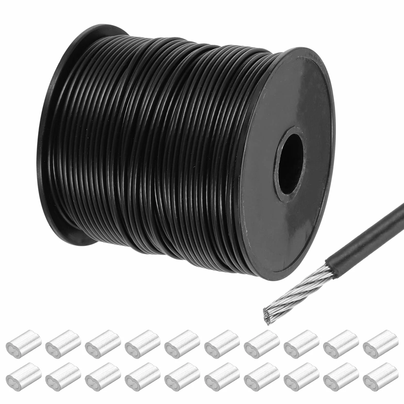 QUARKZMAN 262ft (80 m) linka stalowa 304 kabel ze stali nierdzewnej 1/12" (2 mm) powlekany winylem z 20 aluminiowymi tulejkami do zawieszenia, sznurka do prania, podnoszenia, czarna