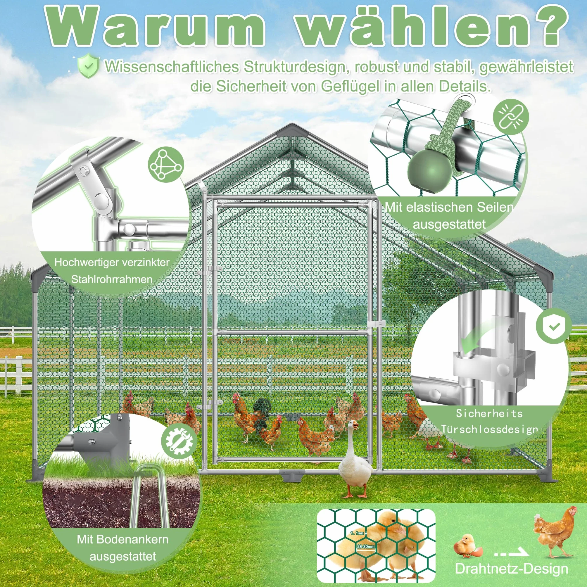 LZQ Kurnik na zewnątrz, wolny wybieg dla kur, z dachem, kurnik dla drobiu, ocynkowana stalowa rama z polietylenu, 3 x 8 x 2 m