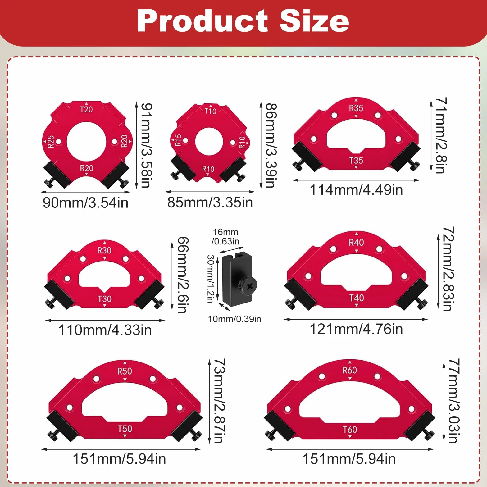 Radius zestaw szablonów do frezowania z aluminium, 7 sztuk, miernik promienia R10-R60 T10-T60, podwójne zaokrąglenia i fazowanie
