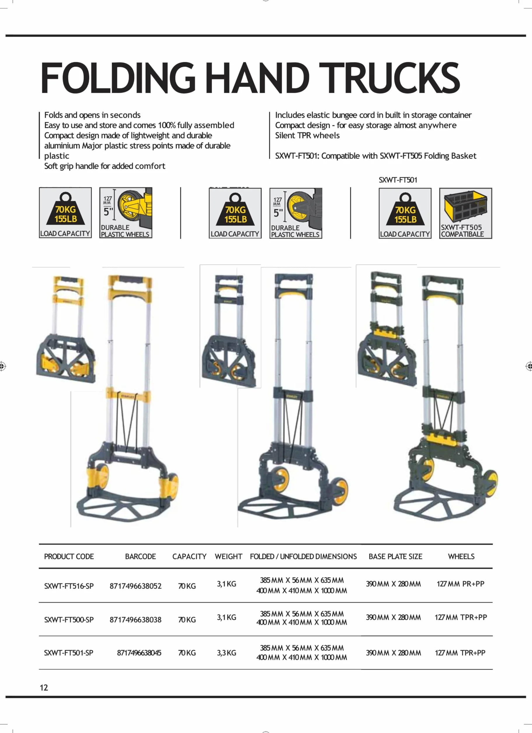 Stanley SXWTD-FT501 Składany Wózek Transportowy, Srebrny/Czarny, 70 kg
