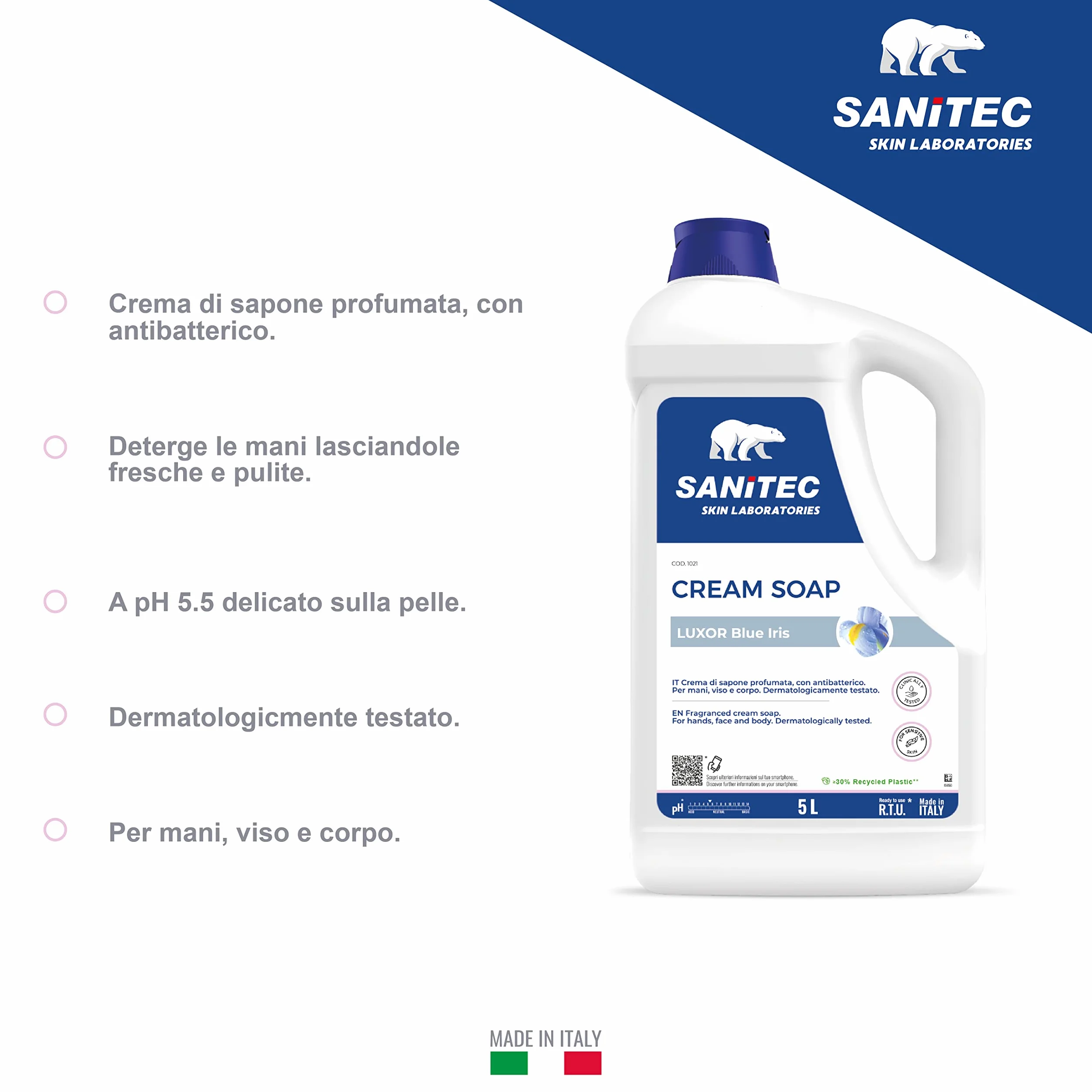 Sanitec Luxor Blue Iris, perfumowany krem do mydła nawilżający z gliceryną i antybakteryjnym, oczyszcza dłonie w świeżości i czystości, pH 5,5, testowany dermatologicznie, wyprodukowany we Włoszech, 5