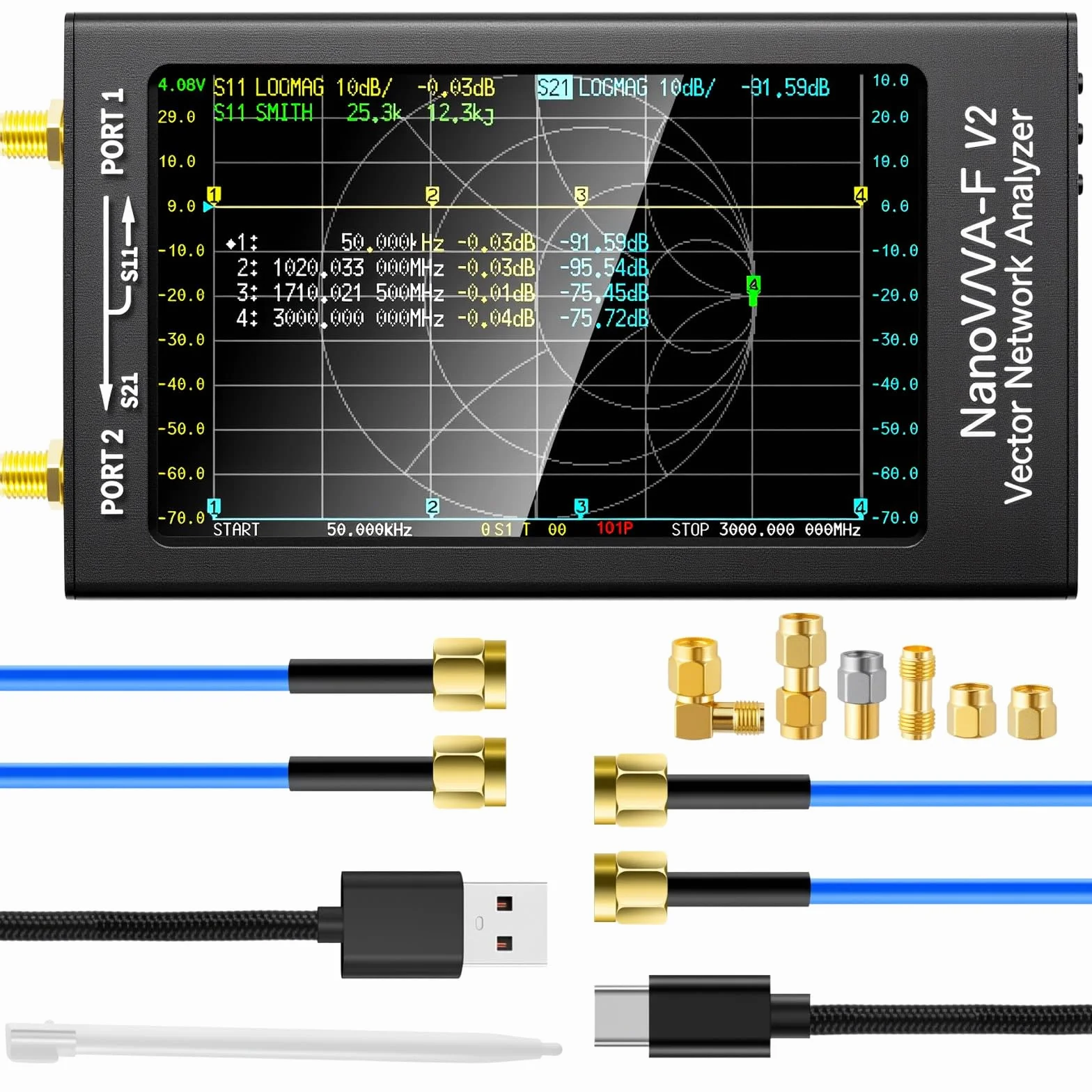 AURSINC NanoVNA-F V2 Vector Network Analyzer 4,3 cala 50KHz-3GHz HF VHF UHF VNA Analizator anten, pomiar parametrów S, napięcie SWR, faza, opóźnienie, wykres Smitha