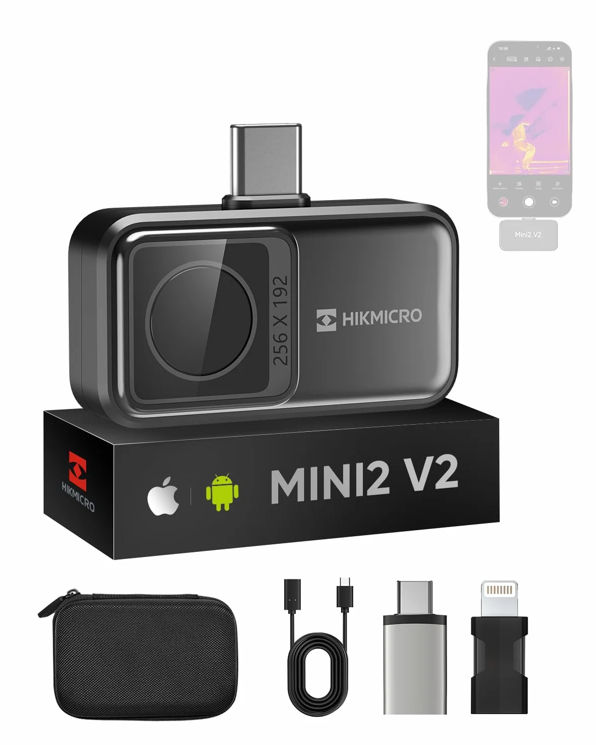 Kamera termowizyjna HIKMICRO Mini2 V2 - iOS/Android, rozdzielczość 256 x 192 IR, SuperIR, szeroki kąt 50°, USB-C/Lightning (obsługuje iPhone 15)