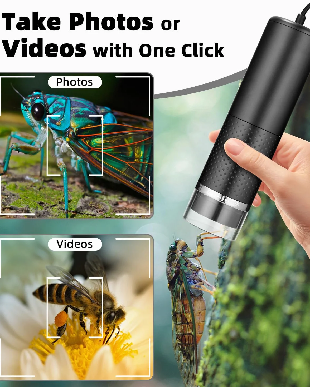 Mikroskop USB, 1080p HD, kompatybilny z iOS, Android, tabletem, przenośny mikroskop kieszonkowy od 10 do 200x, 3-stopniowa regulacja LED, mikroskop cyfrowy, przenośny mikroskop dla dorosłych i dzieci