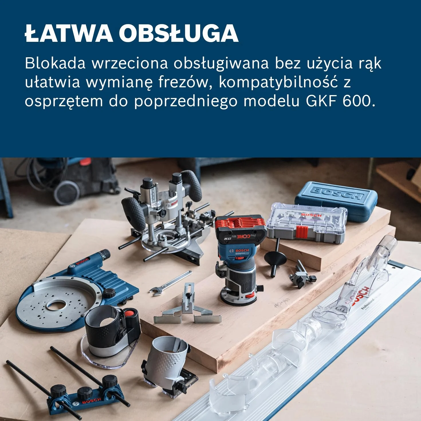 System prof. 18 V firmy Bosch: frezarka akum. GKF 18V-8 (prow. równ., 2 adaptery do ods. pyłu – frez., osł. przeciwodpr., tuleja zac. 8 mm, klucz, moduł górnowrz. TE, wal. L-BOXX, bez akum./ład.)