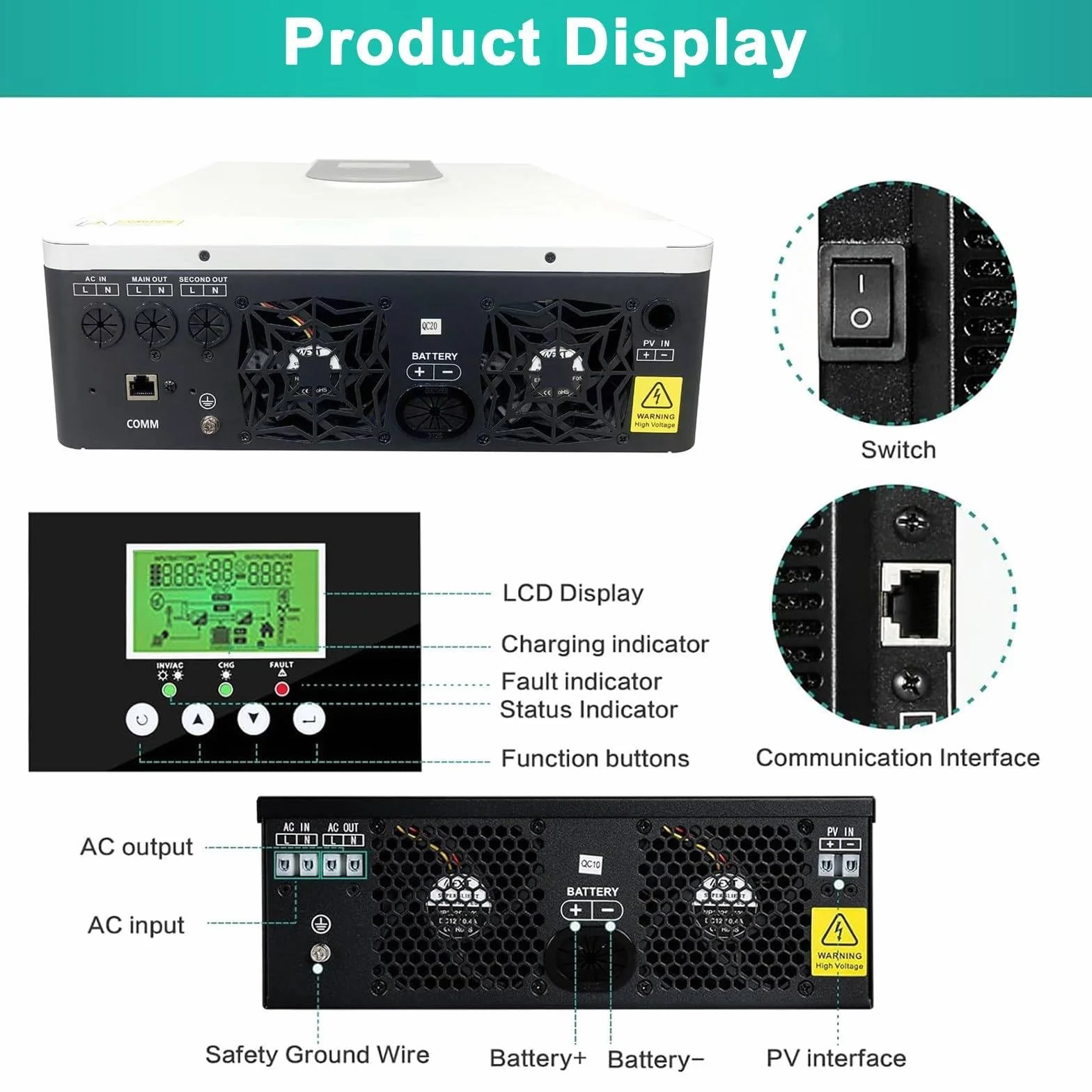 Hybrydowy falownik solarny (1,0-10,2 kW), czysty inwerter sinusoidalny 12 V, 24 V, 48 V, hybrydowa ładowarka off-grid, wyświetlacz LCD, z kontrolerem ładowania solarnego MPPT 40/80/120/160 A, DC12 V