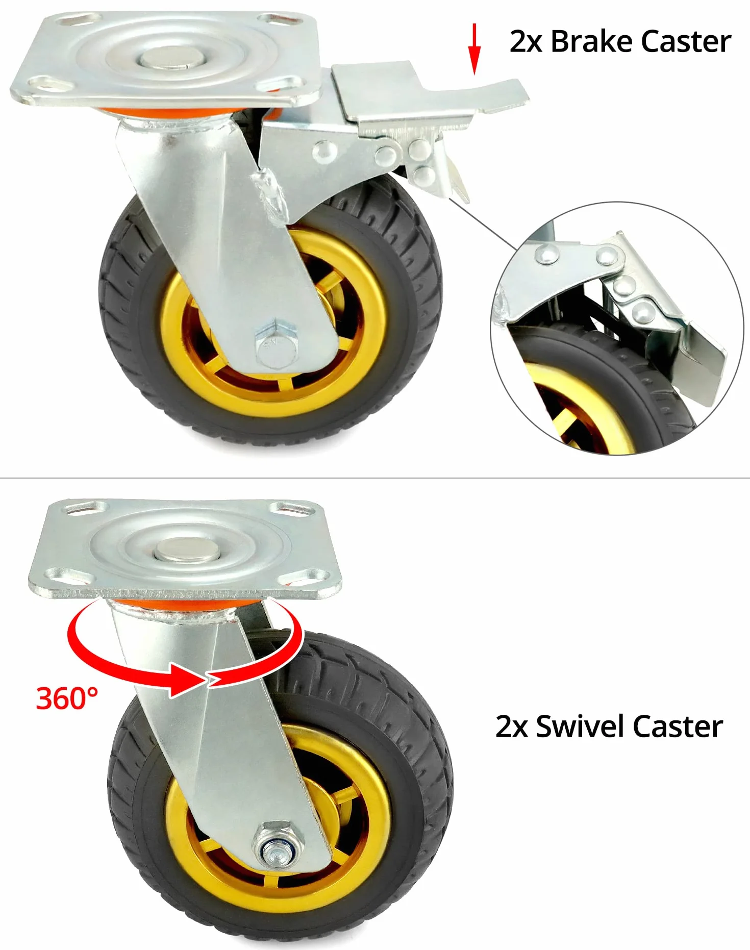 QWORK® 4 sztuki kółek do dużych obciążeń 150mm - do 250 kg na kółko - kółka skrętne z amortyzacją do transportu mebli i transportu przemysłowego (2 kółka skrętne + 2 kółka z hamulcem)