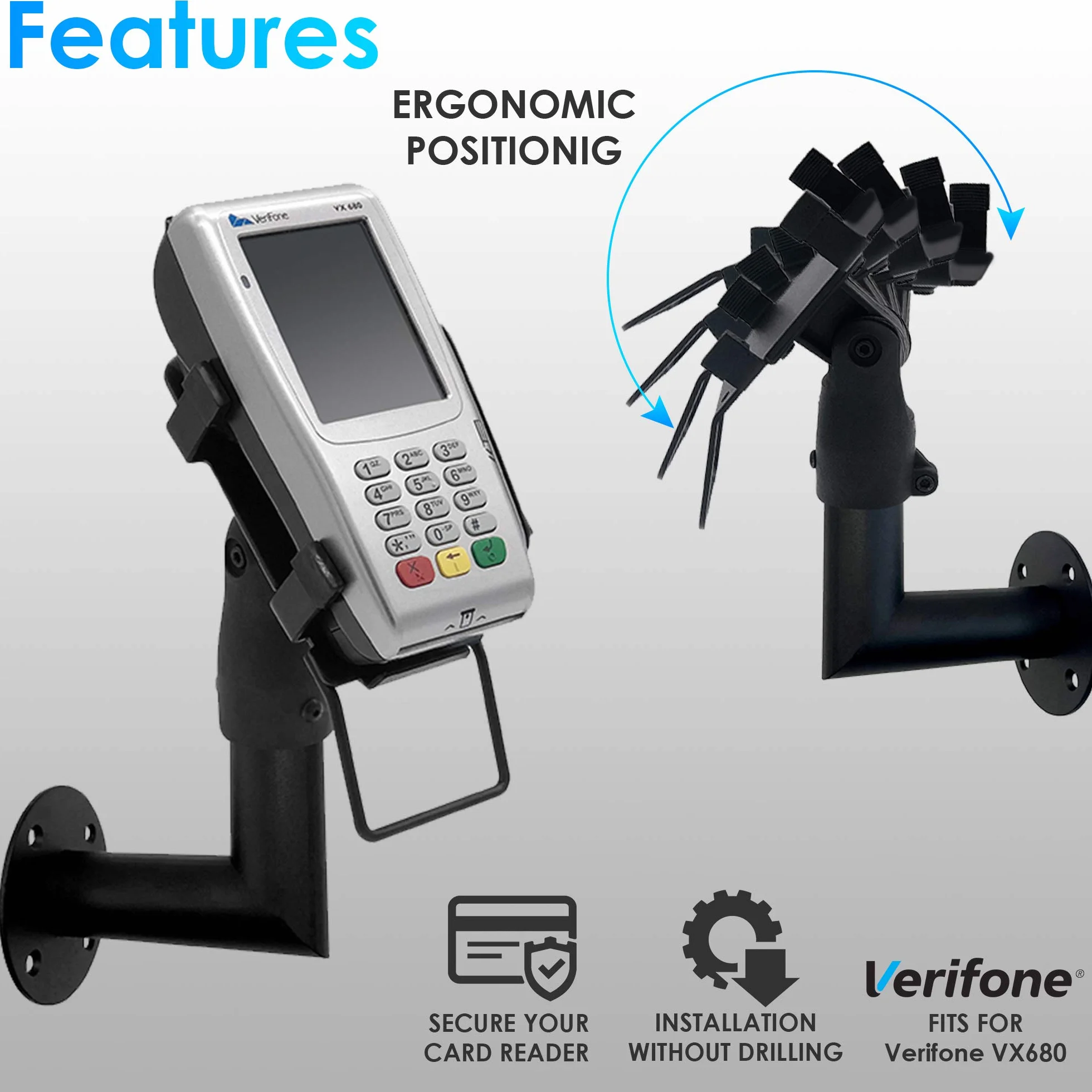 Ergonomiczny uchwyt do terminala płatniczego VeriFone VX 680 - uchwyt terminala płatniczego z uchwytem, obrót o 180°, nachylenie 45°, montaż od ściany do ściany