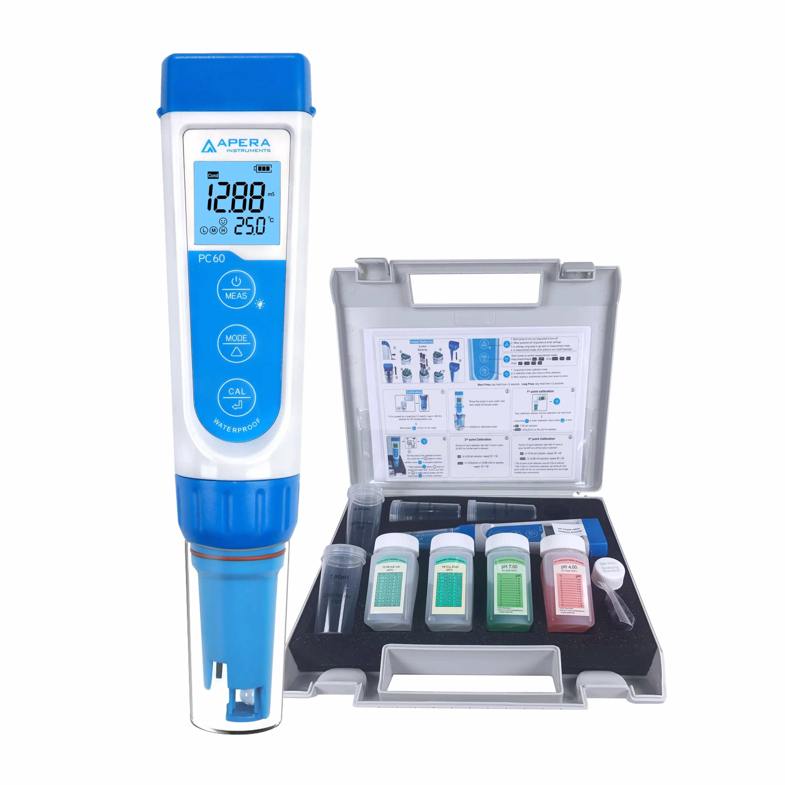Apera Instruments PC60 Premium 5 w 1 miernik wieloparametrowy (pH, przewodność/EC, TDS, zasolenie, temperatura, dokładność pH 0,01/1%, wymienna elektroda, wodoodporny)