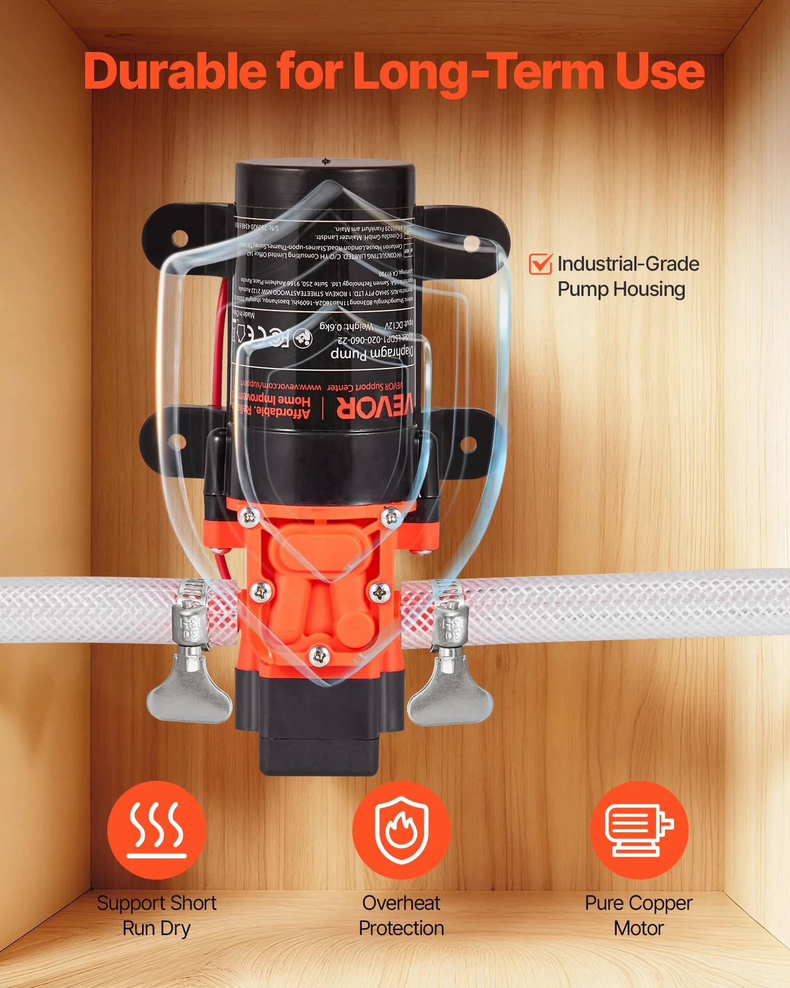 VEVOR Pompa membranowa, 12 V DC, 4,5 l/min, samozasysająca, 2-komorowa, membranowa pompa wodna z 2 zaciskami do węża, maks. ciśnienie 5,5 bar, cicha praca, do przyczep kempingowych, łodzi, nawadniania