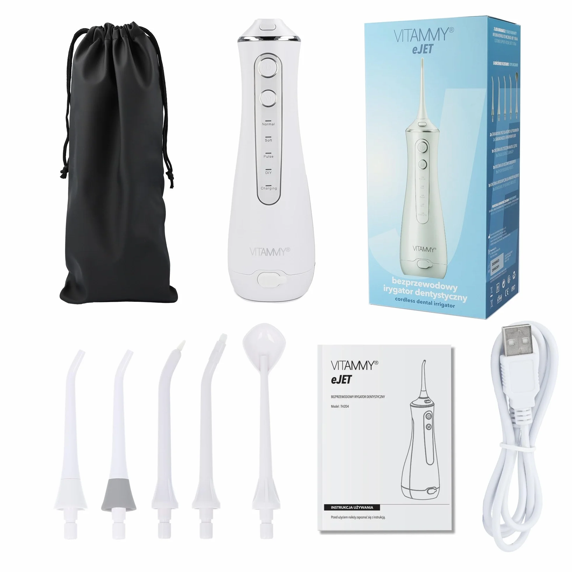 VITAMMY eJet Irygator Dentystyczny, Bezprzewodowy, 5 Końcówek, Ciśnienie 90 PSI, 200ml Zbiornik, Ładowanie USB, IPX7 Wodoszczelny