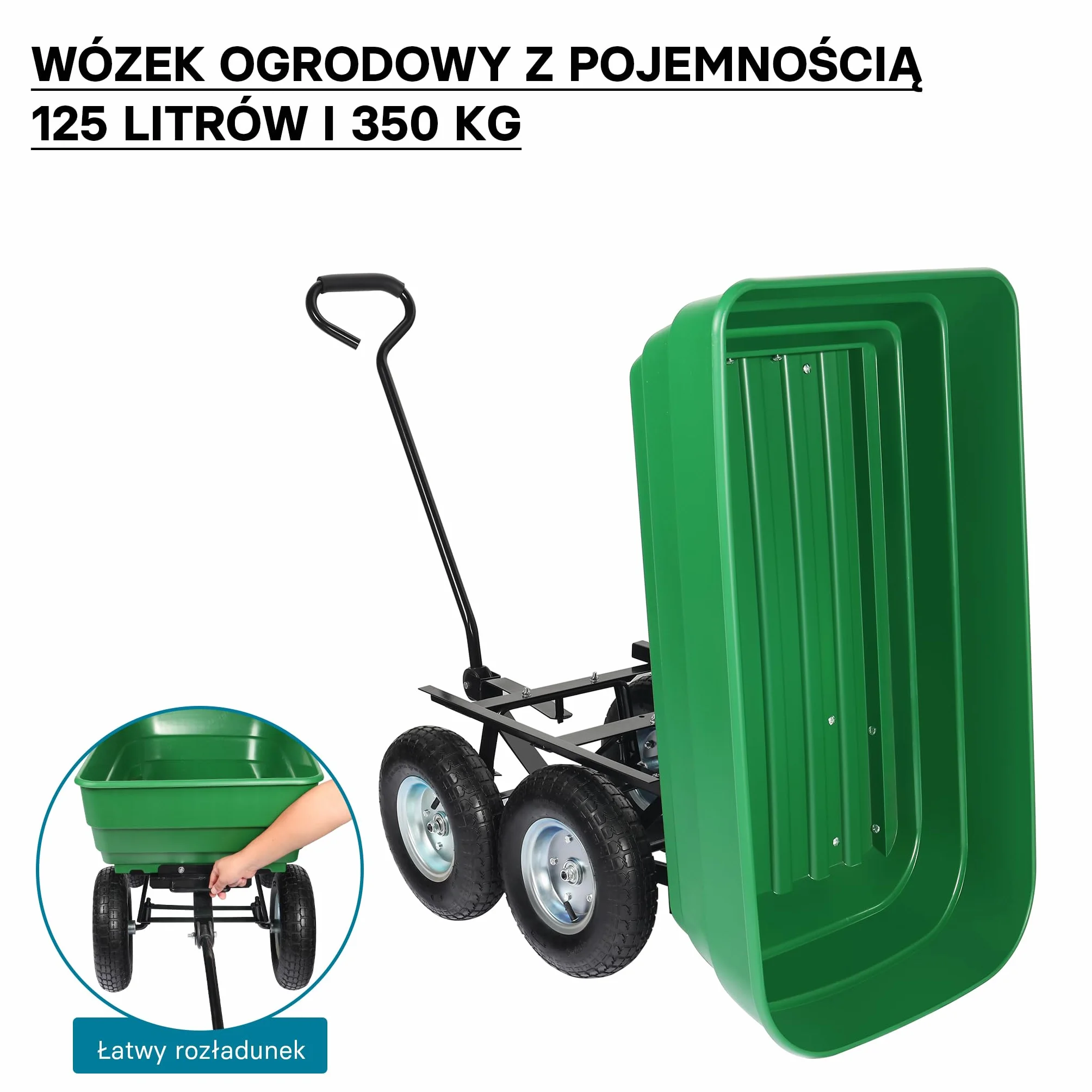 Wiltec Wózek ogrodowy z funkcją pochylenia do 350 kg nośności, wanna plastikowa o pojemności 125 l, wywrotka transportowa na 4 kołach