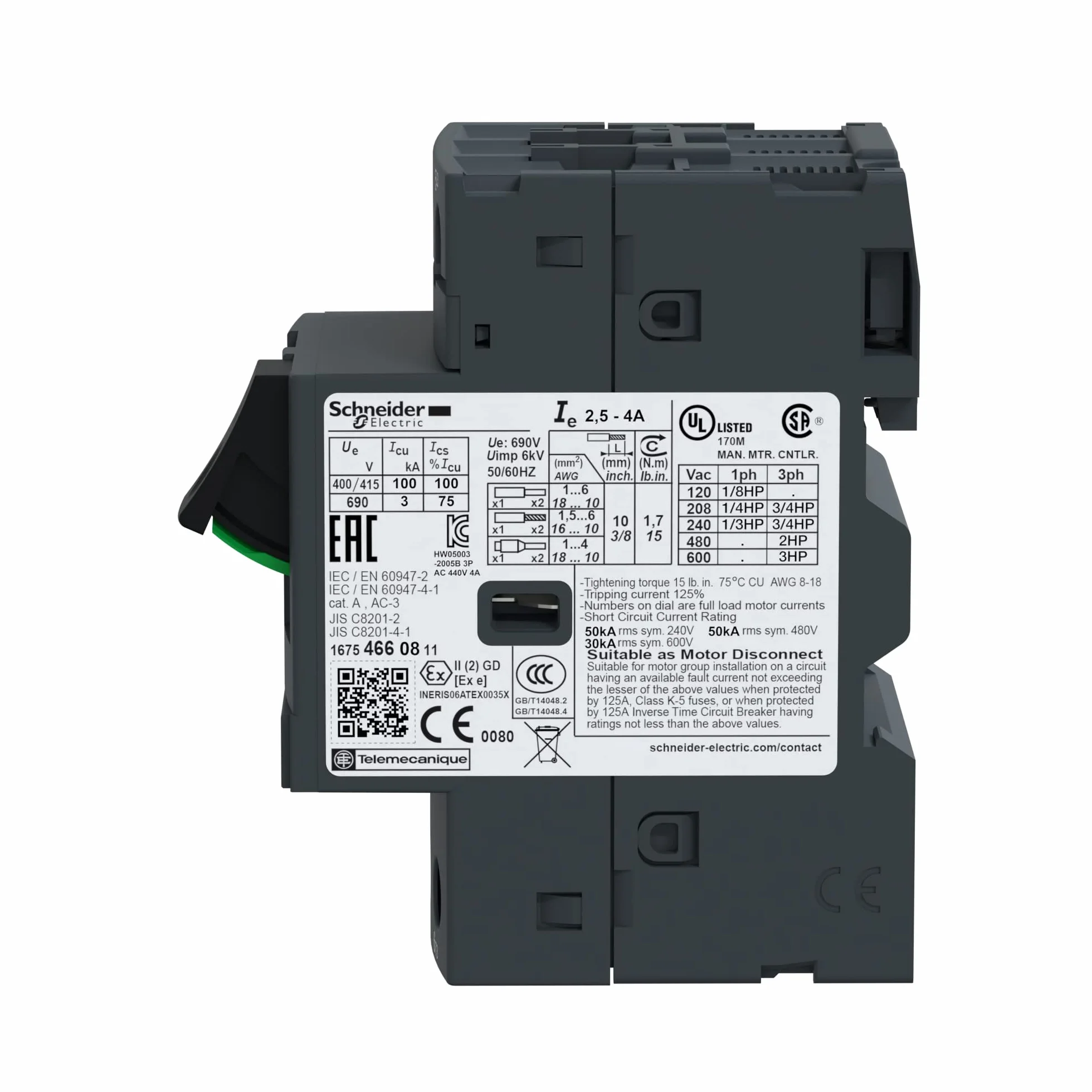 Schneider Electric | GV2ME08 - wyłącznik ochronny silnika, 3p, 2,5-4 A, uruchamianie przycisku, przyłącze śrubowe – 45 x 89 x 78,2 mm