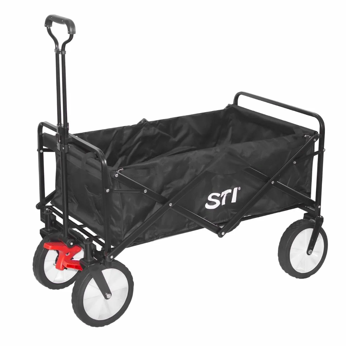 STI Wózek ręczny składany Pantograf Wagon czarny typ 1 do transportu ogród plaża koła PCV 2 kieszenie siatkowe nośność do 100 kg wymiary 90 x 50 x 100 z osłoną