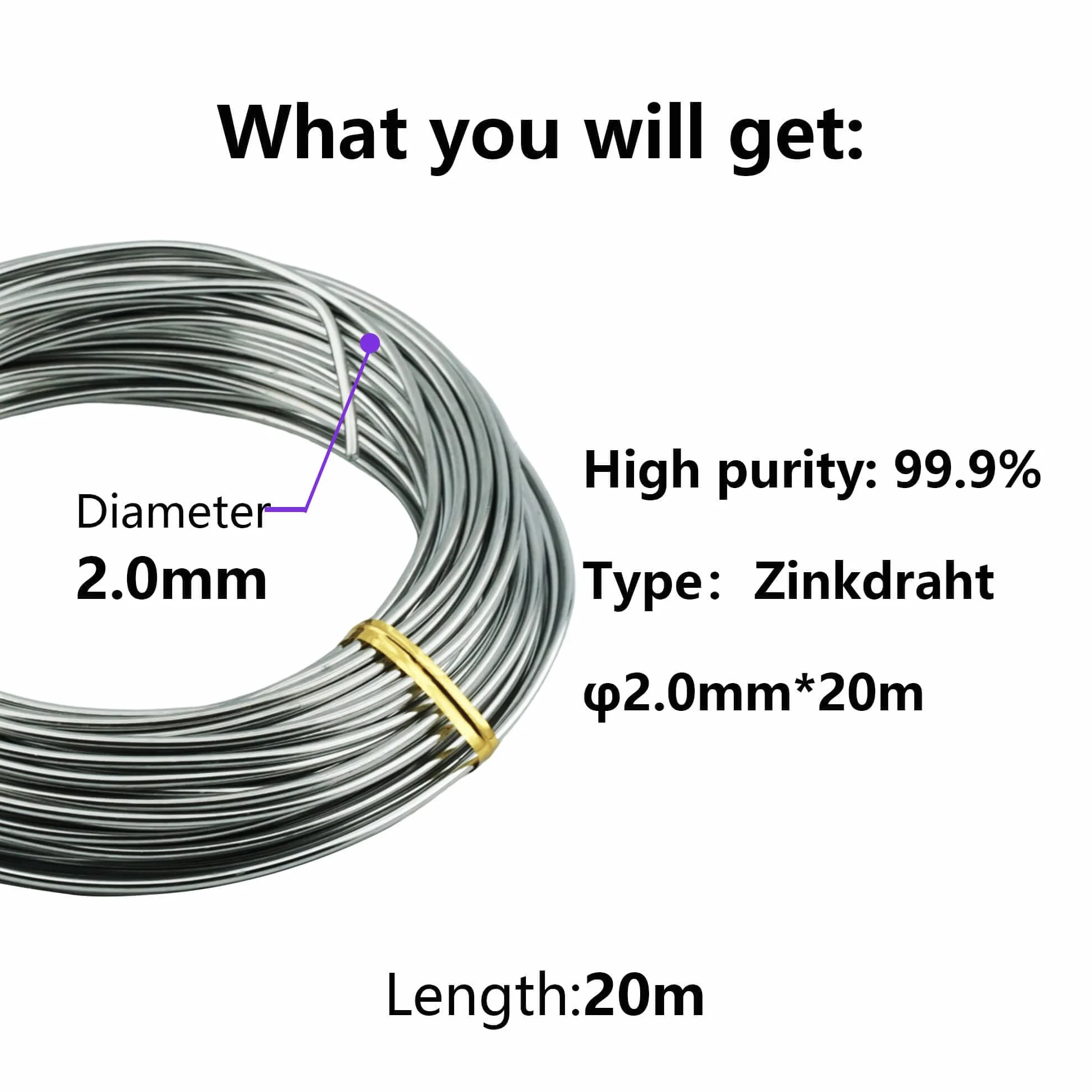 Czysty drut cynkowy 2,0 mm (20 m), drut cynkowy czysty 99,9%, wysokiej czystości drut cynkowy, dedykowany laboratorium