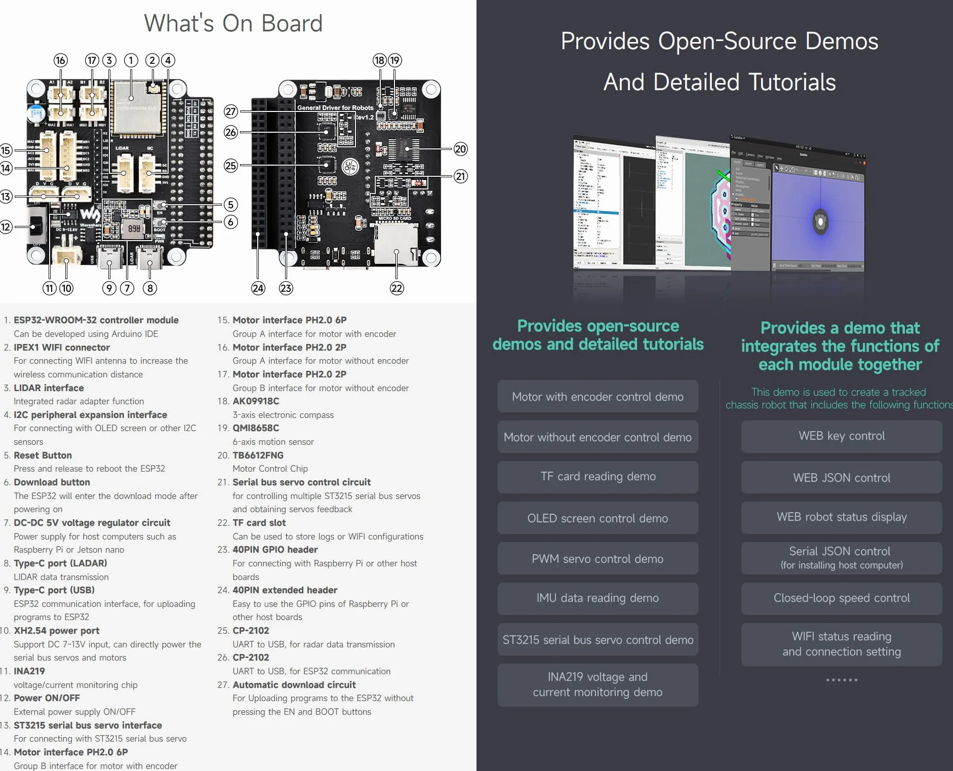 Waveshare General Driver Board for Robots, with Multi-Function Expansion Interfaces, Supports WiFi/ESP-NOW Communications, Compatible With Raspberry Pi/Jetson Nano, ESP32-WROOM-32, ESP32 Dev Board