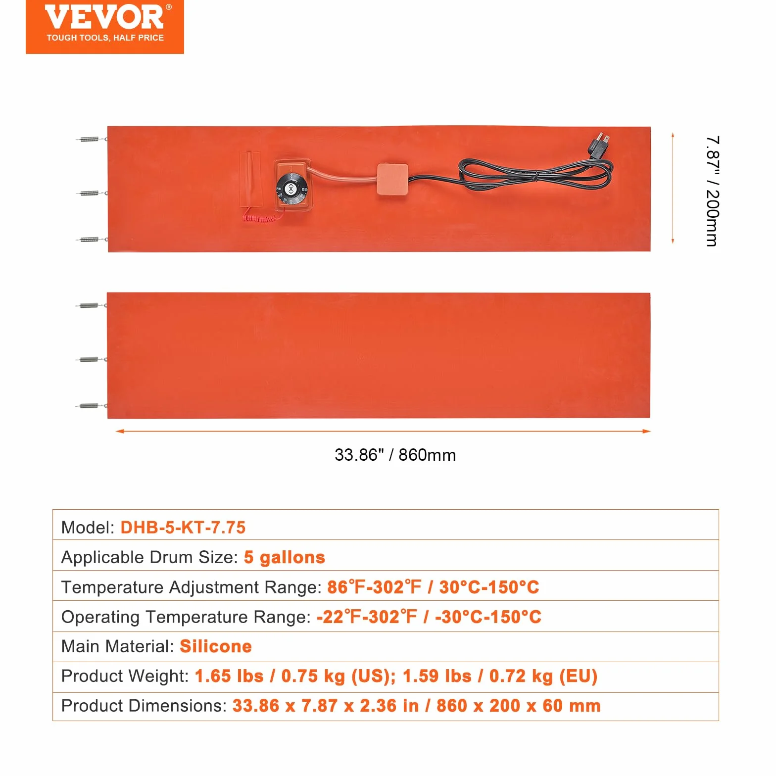 VEVOR Metalowy podgrzewacz beczki, 800 W, pas grzewczy 5 galonów, szerokość 200 mm, regulowany termostat 30 ° C - 150 °C, pasek grzewczy do beczek silikonowych, pomarańczowy