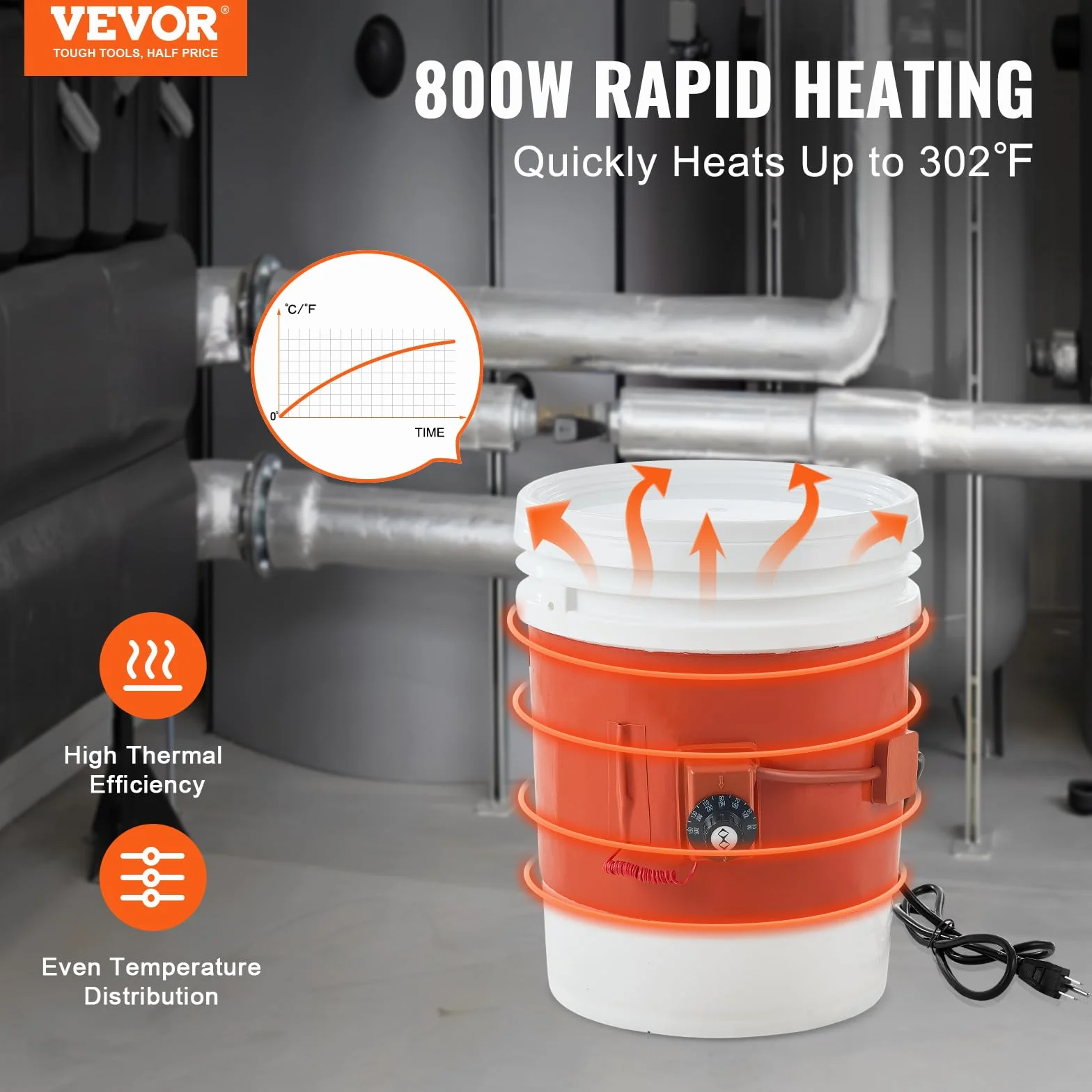 VEVOR Metalowy podgrzewacz beczki, 800 W, pas grzewczy 5 galonów, szerokość 200 mm, regulowany termostat 30 ° C - 150 °C, pasek grzewczy do beczek silikonowych, pomarańczowy