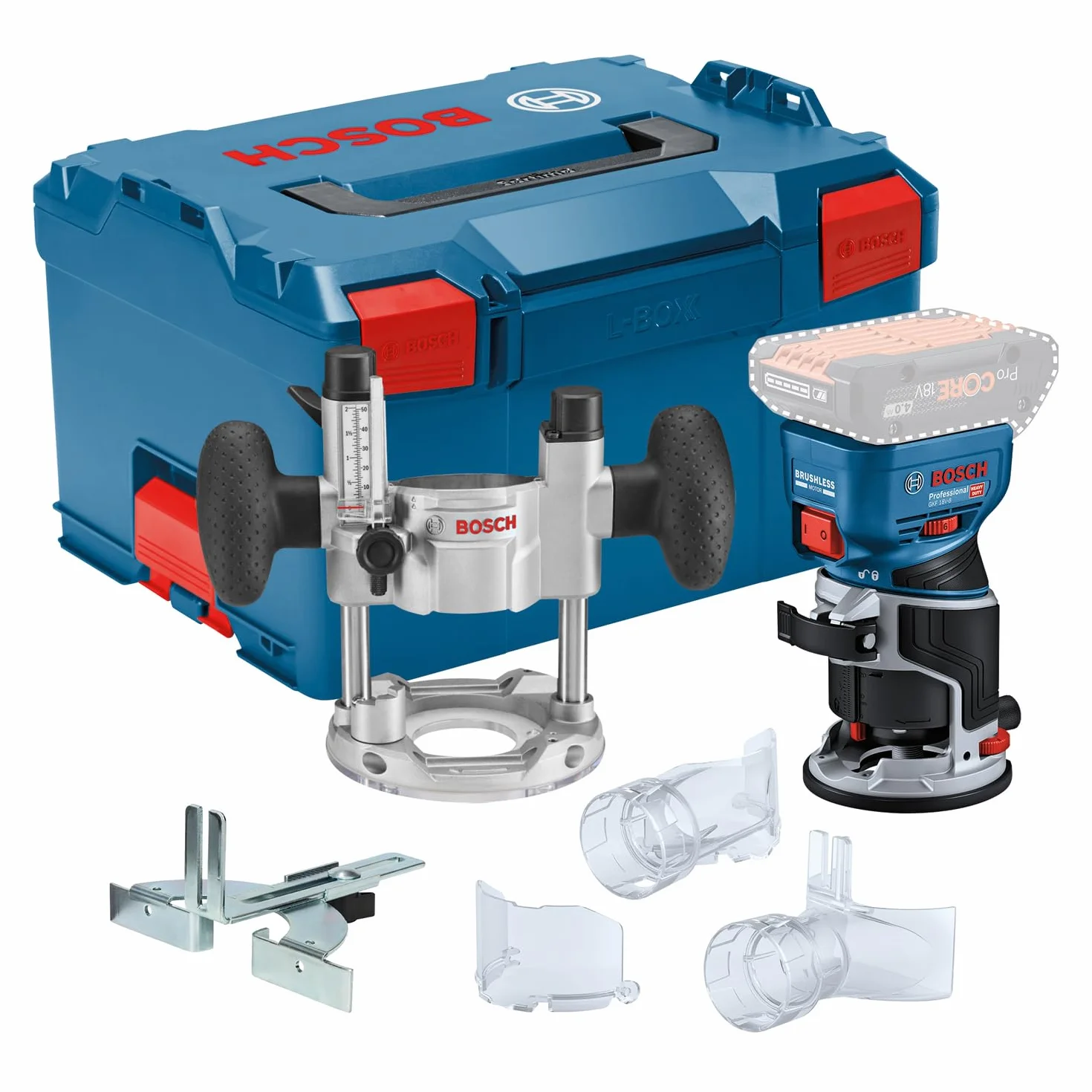 System prof. 18 V firmy Bosch: frezarka akum. GKF 18V-8 (prow. równ., 2 adaptery do ods. pyłu – frez., osł. przeciwodpr., tuleja zac. 8 mm, klucz, moduł górnowrz. TE, wal. L-BOXX, bez akum./ład.)