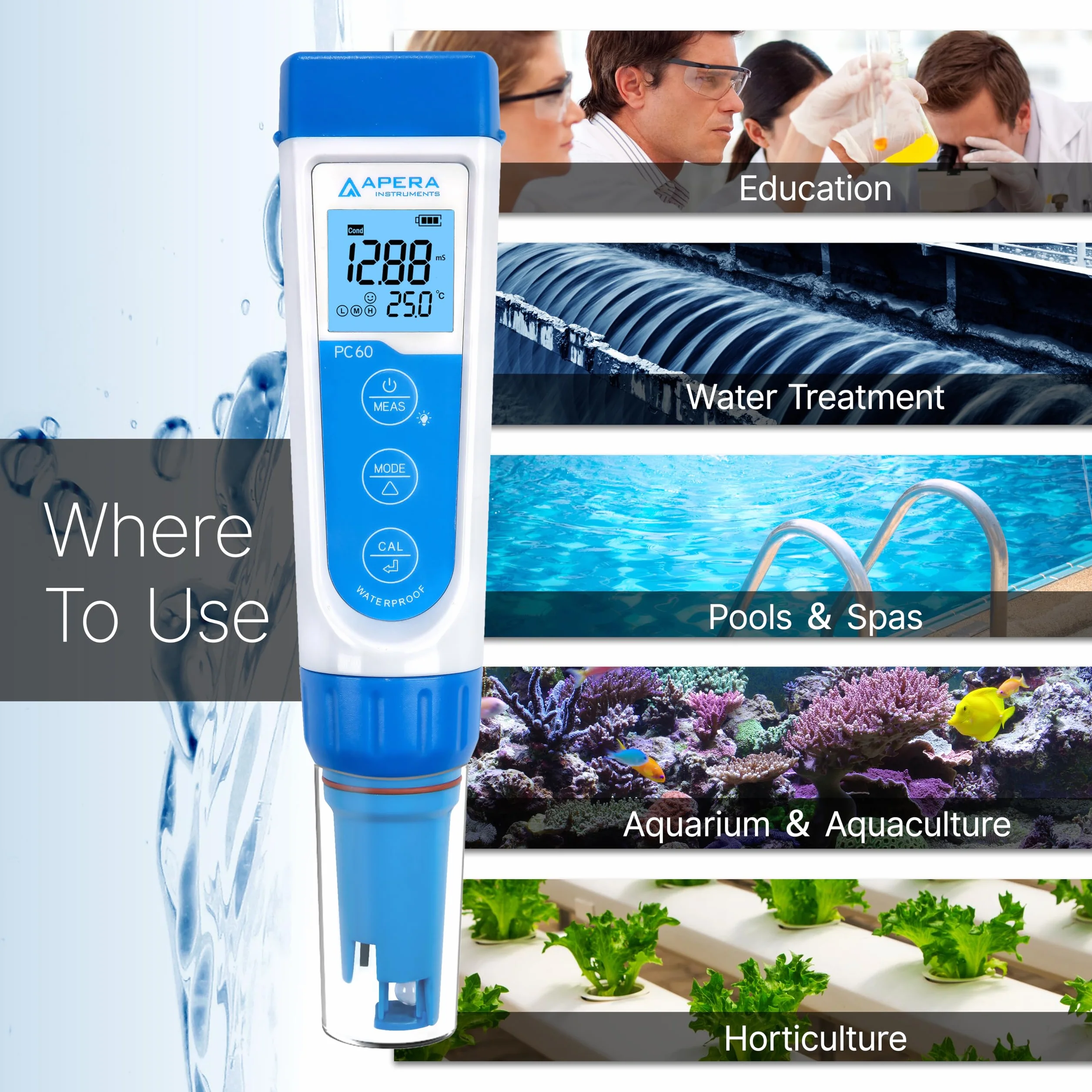 Apera Instruments PC60 Premium 5 w 1 miernik wieloparametrowy (pH, przewodność/EC, TDS, zasolenie, temperatura, dokładność pH 0,01/1%, wymienna elektroda, wodoodporny)
