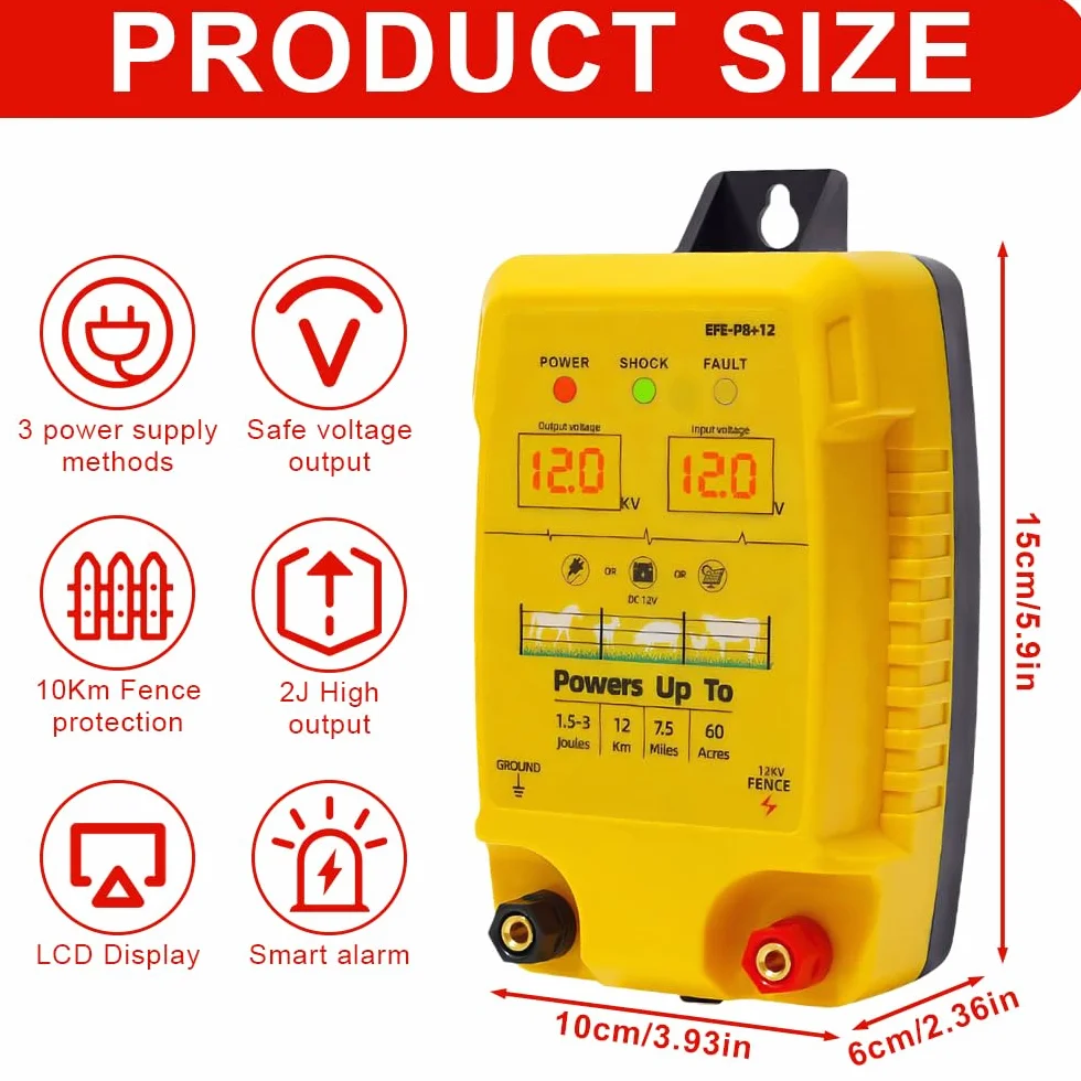 Urządzenie ogrodzeniowe 12 V, ogrodzenie elektryczne z wyświetlaczem LED, alarm, 1,5-3 J, elektryczne urządzenie do ochrony zwierząt gospodarskich, zasięg 12 km, zwierzęta domowe, drobi
