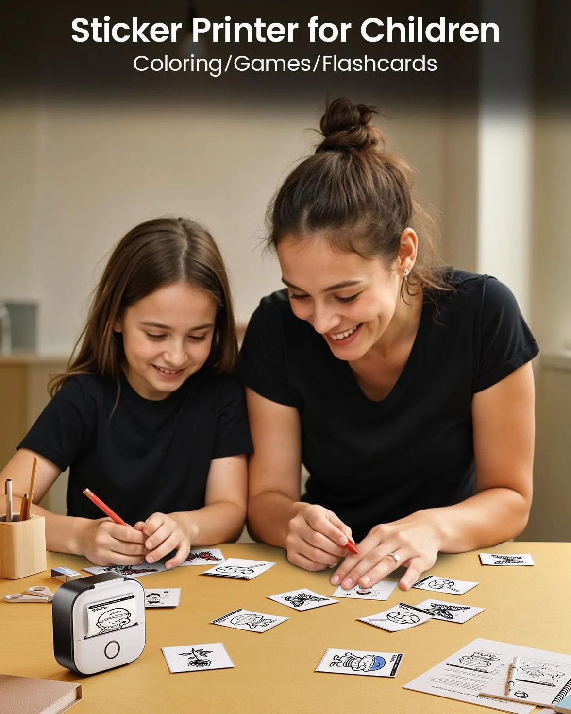 Print Pods Mini Printer - Drukarka Naklejek T02 Przenośna Drukarka Termiczna do Tworzenia Naklejek Drukarka Kieszonkowa Bluetooth Drukarka Telefoniczna do Studiowania Schematów Graficznych, Czarna