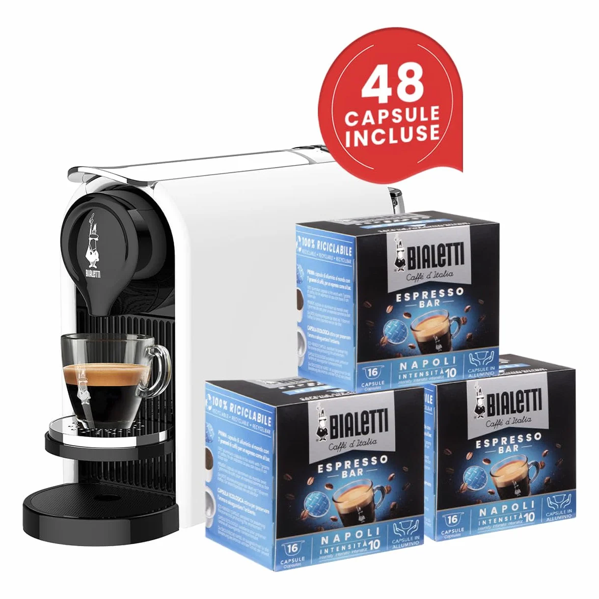 Bialetti Gioia PLUS, aluminiowa ekspres do kawy do kapsułek, zawiera 48 kapsułek, działa wyłącznie z kapsułkami, biały