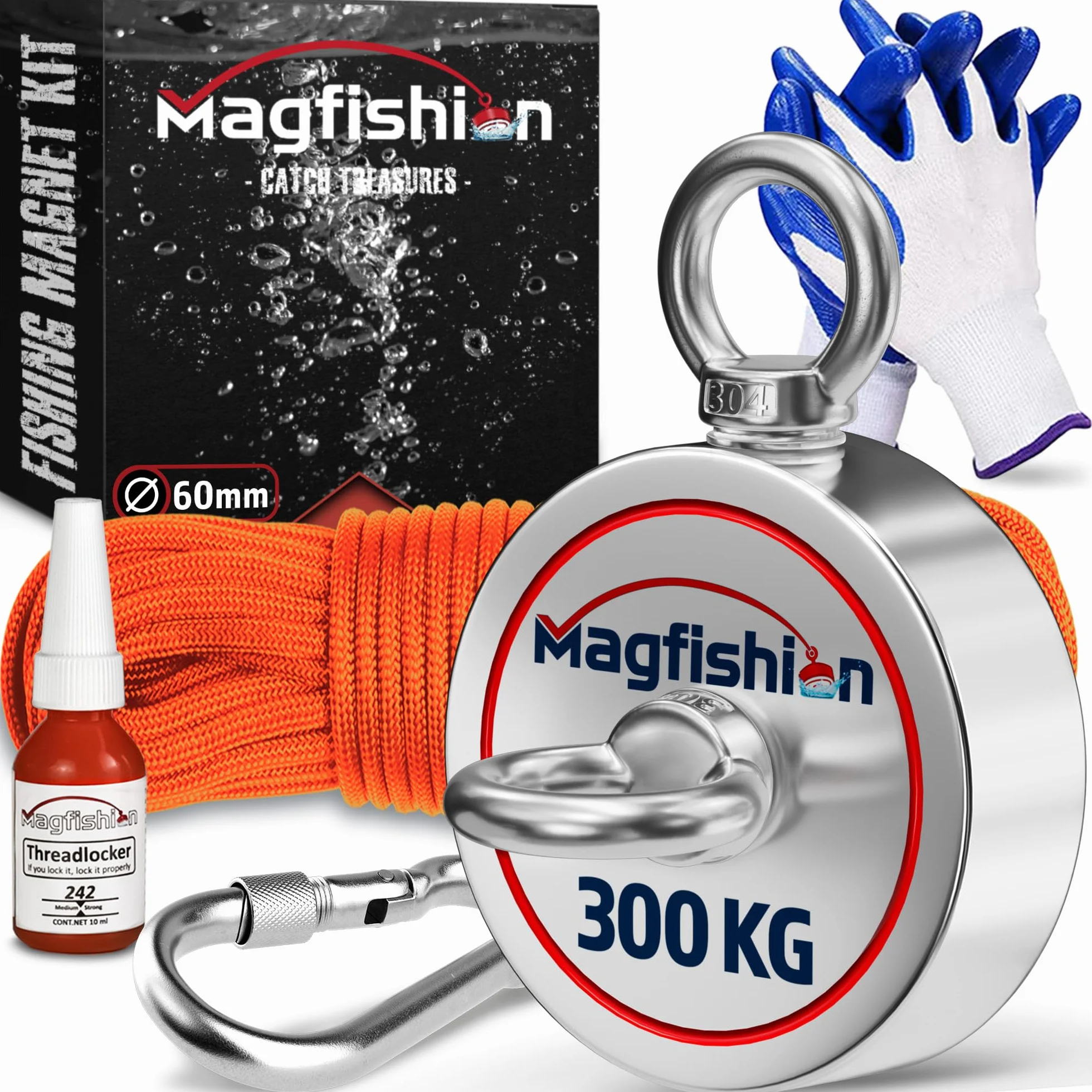 MAGFISHION Dwustronny Zestaw do Magnetycznego Wędkarstwa - Siła Przyciągania 300KG (2x 150kg) - Ø60mm - Magnes Neodymowy - Z Ciemnopomarańczową Liną (20M) & Rękawice - Magnes Ryba