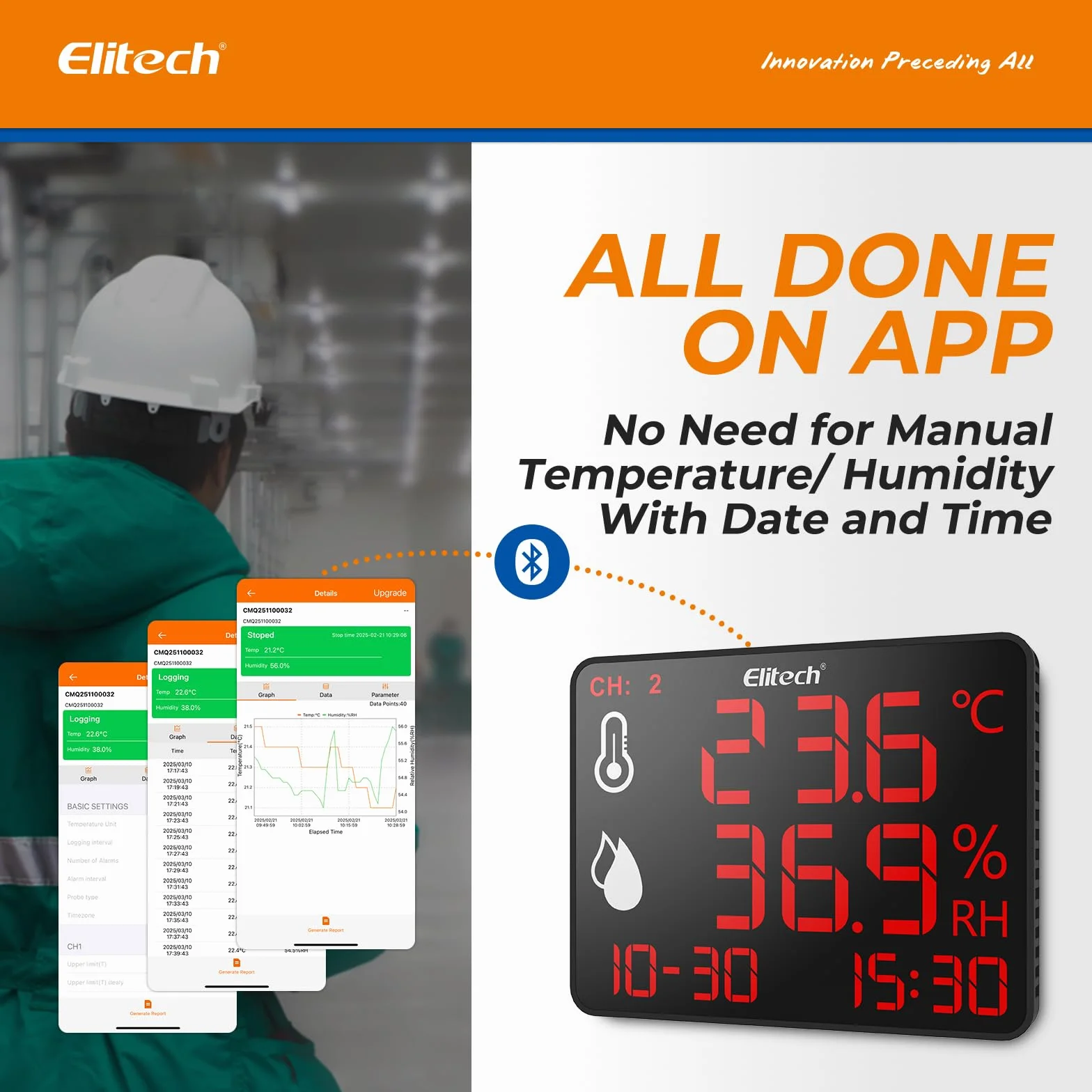 Elitech Cyfrowy termometr z higrometrem z podwójną sondą zewnętrzną 2x2m, rejestrator Bluetooth 30000 punktów, duży ekran do magazynu szklarni laboratoryjnej, DR-230-THDE