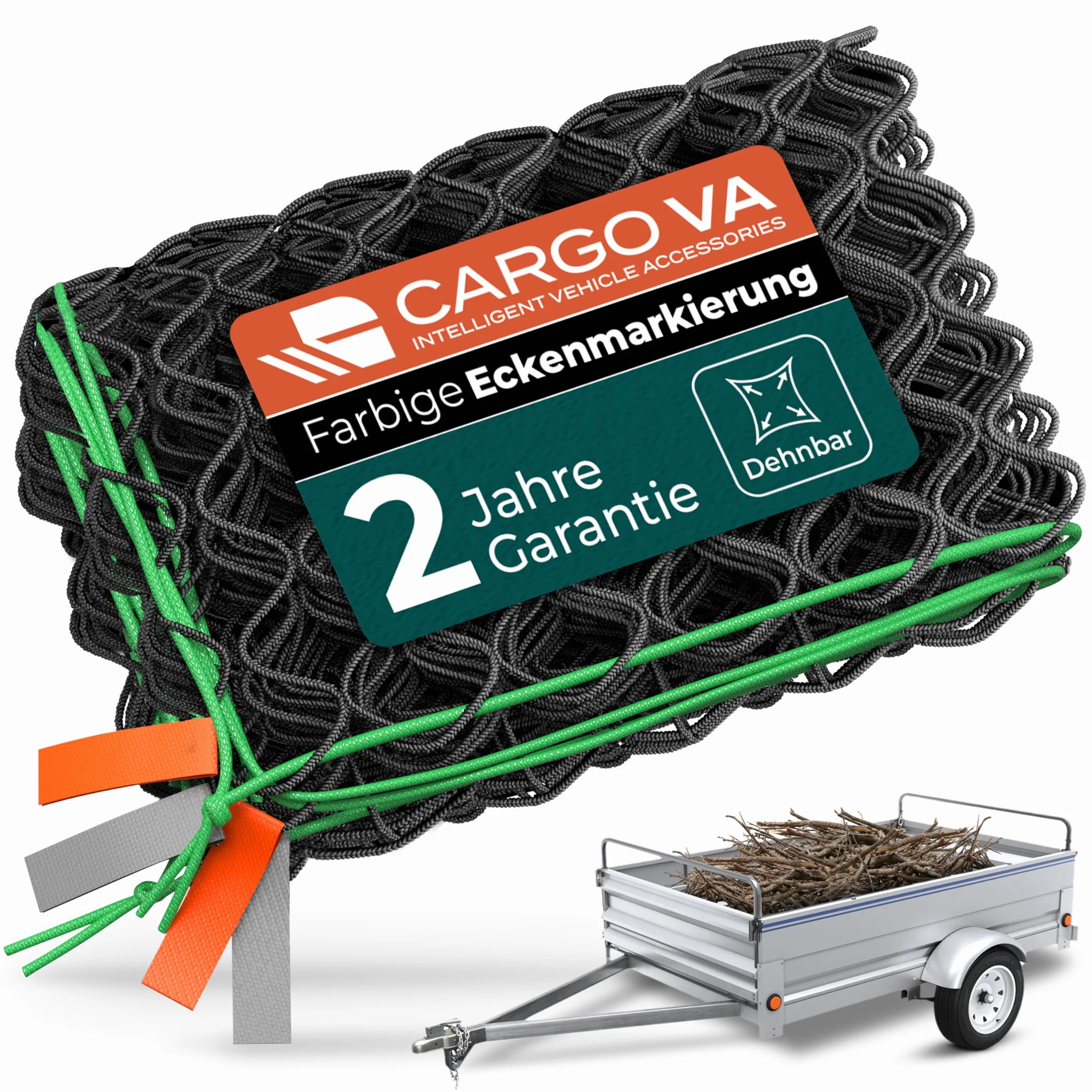 CargoVA® Inteligentna siatka na przyczepę do idealnego zabezpieczenia ładunku, rozciągliwa, od 1 x 2 m do 2 x 3 m, czarna, z gumową linką, 20 haczyków do plandek, oznaczone narożniki