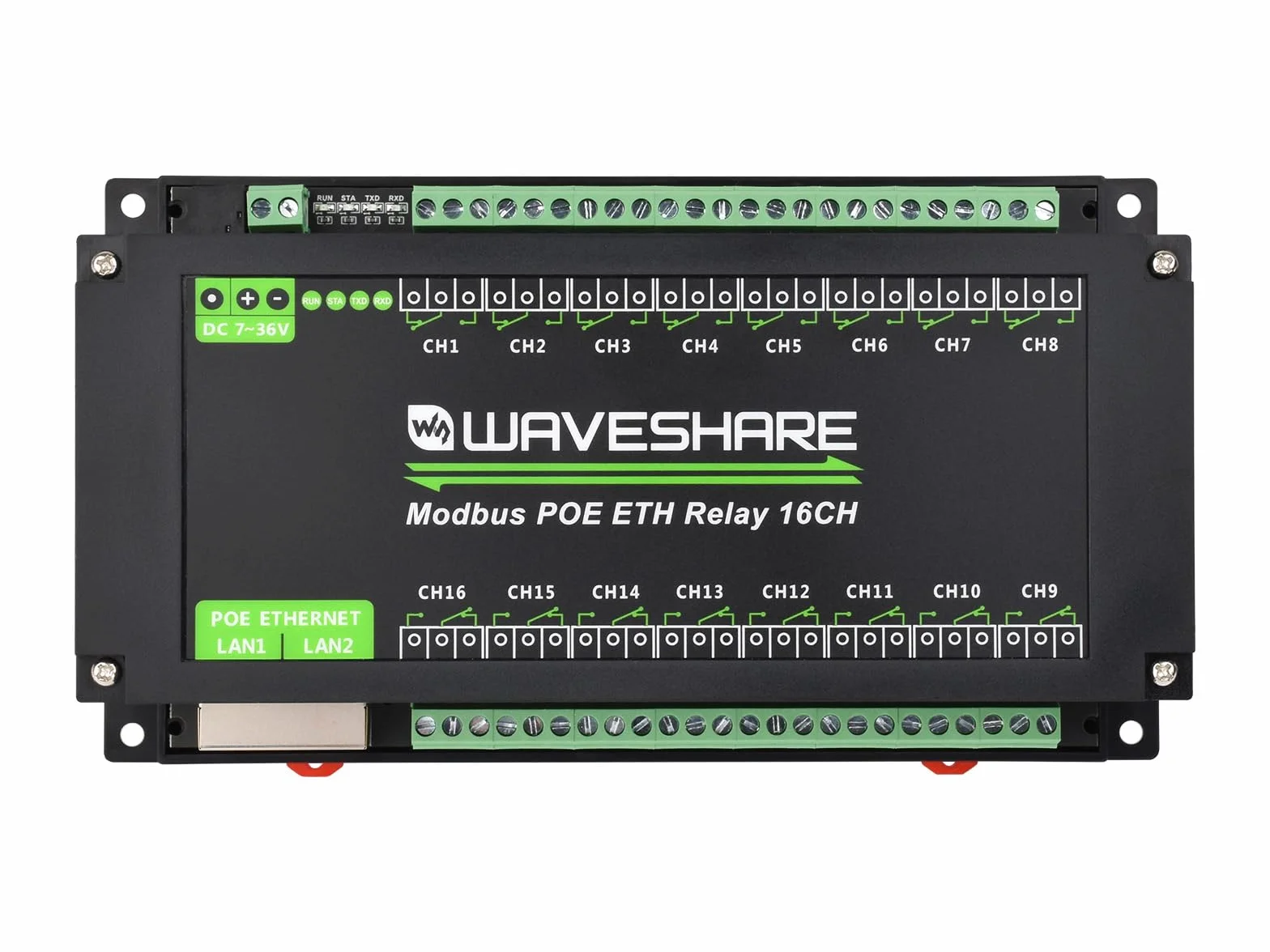 Waveshare 16-Ch Ethernet Relay Module, Modbus RTU/Modbus TCP Protocol, Ethernet Communication, Support PoE, Various Isolation & Protection Circuits, Industrial Grade Rail-Mount Case