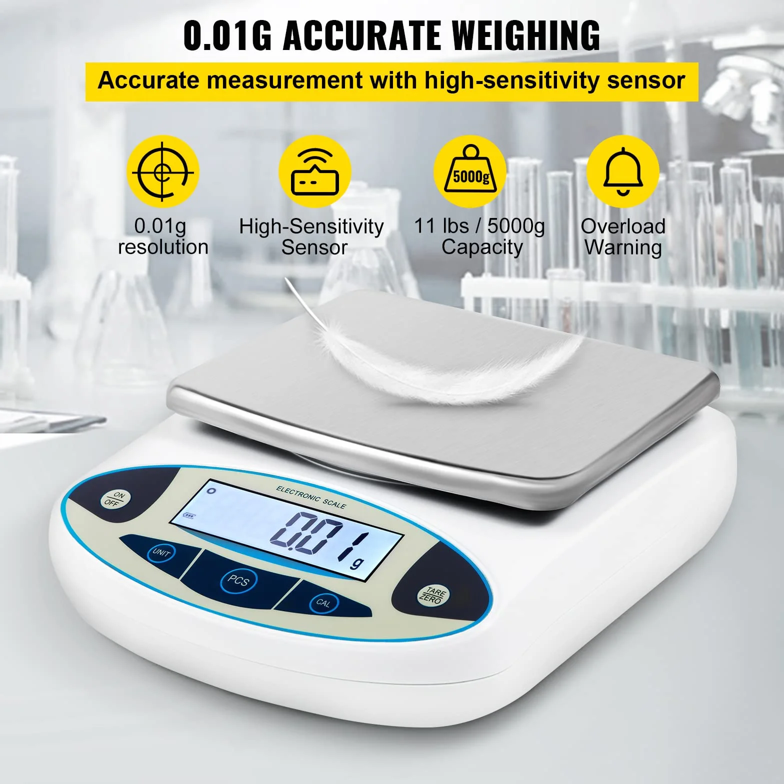 VEVOR Cyfrowa waga analityczna pojemność 5000 g dokładność 0,01 g waga laboratoryjna 13 jednostek przeliczeniowych Taca laboratoryjna 16,5 x 17,5 cm Ważenie próbek biżuterii