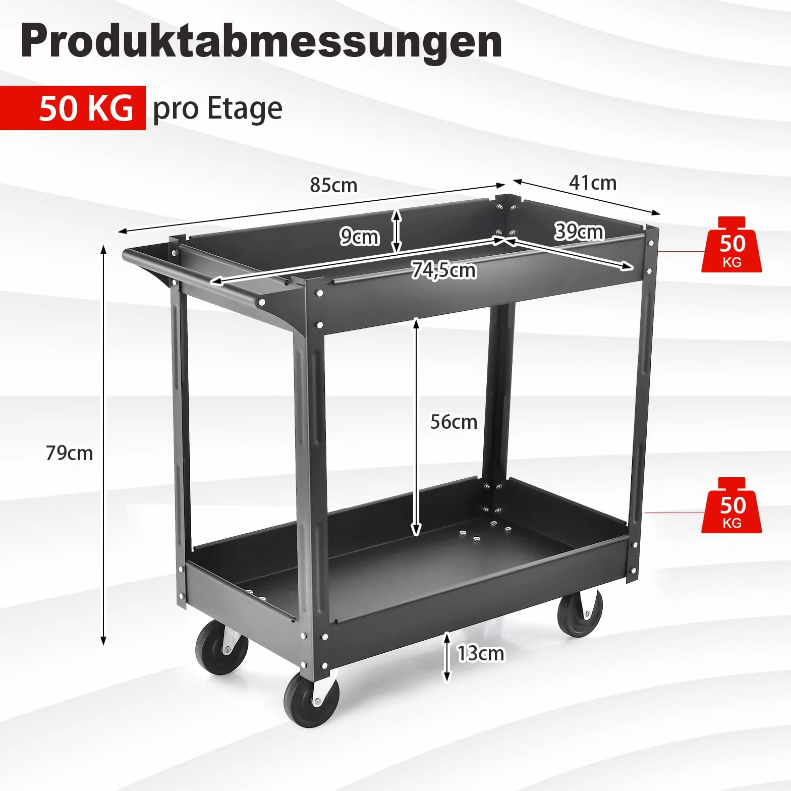 COSTWAY Wózek warsztatowy z 2 kondygnacjami, wózek narzędziowy z uchwytem, wózek warsztatowy z metalu, obciążenie do 100 kg, wózek montażowy kondygnacyjny do domu, garażu, 85 x 41 x 79 cm (Czarny)
