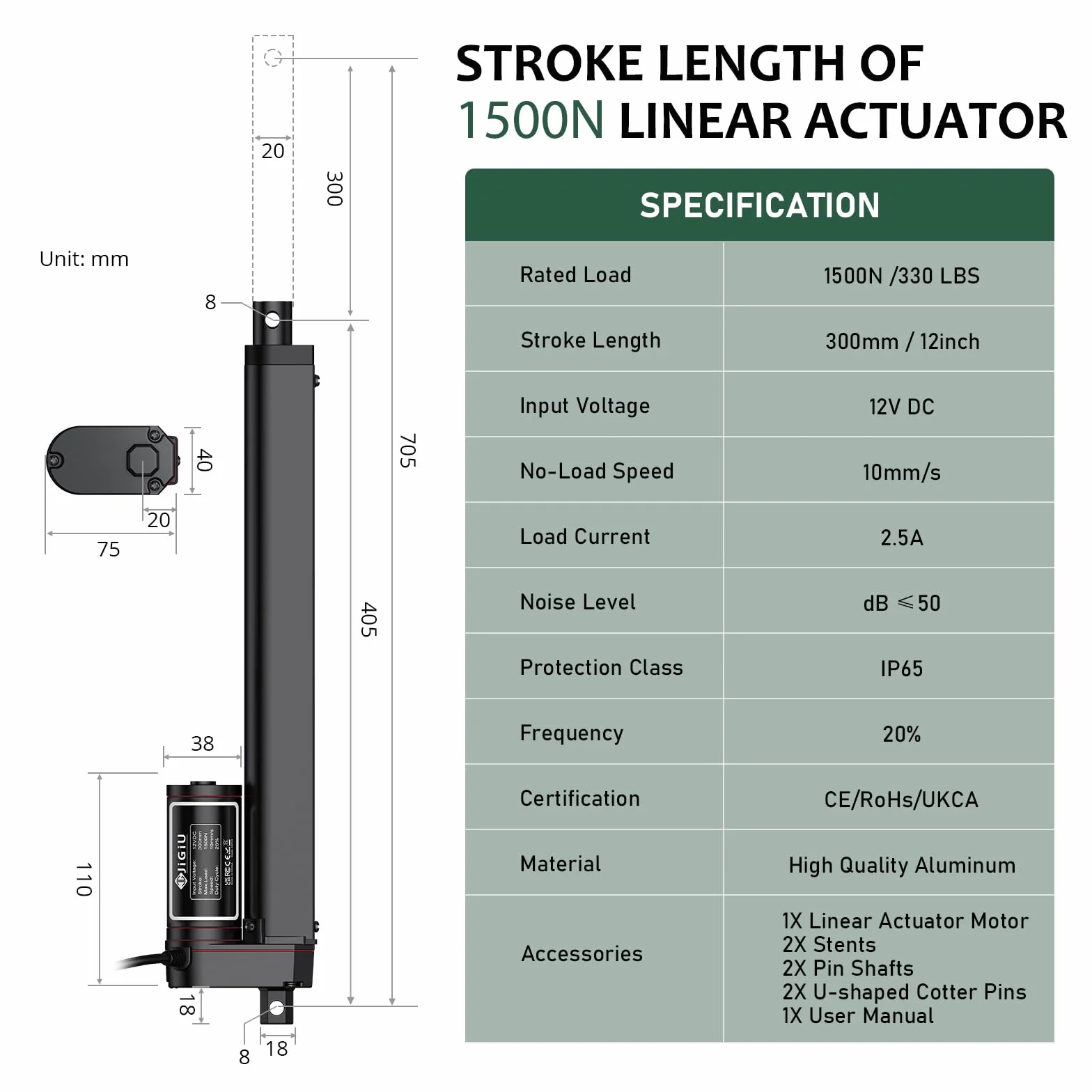 JiGiU napęd liniowy 1500 N, 300 mm, napęd regulacyjny, siłownik liniowy, silnik liniowy DC 12 V, technika liniowa IP65 wodoodporny, silnik elektryczny, putter, elektryczne otwieranie drzwi (czarny)