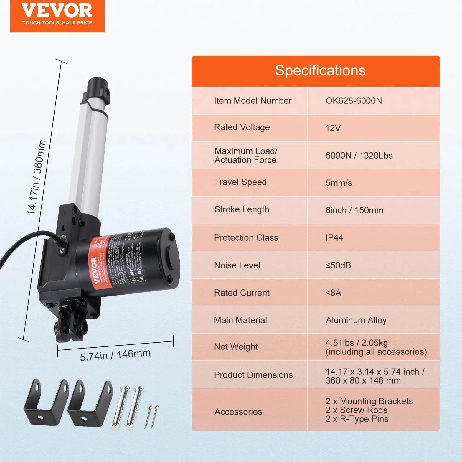 VEVOR Napęd liniowy 6000 N DC 12 V napęd liniowy IP44, elektryczny silnik liniowy 150 mm, długość skoku 150 mm, poziom hałasu ≤ 50 dB, elektryczny otwieracz drzwi 5 mm/s, prędkość jazdy, technika