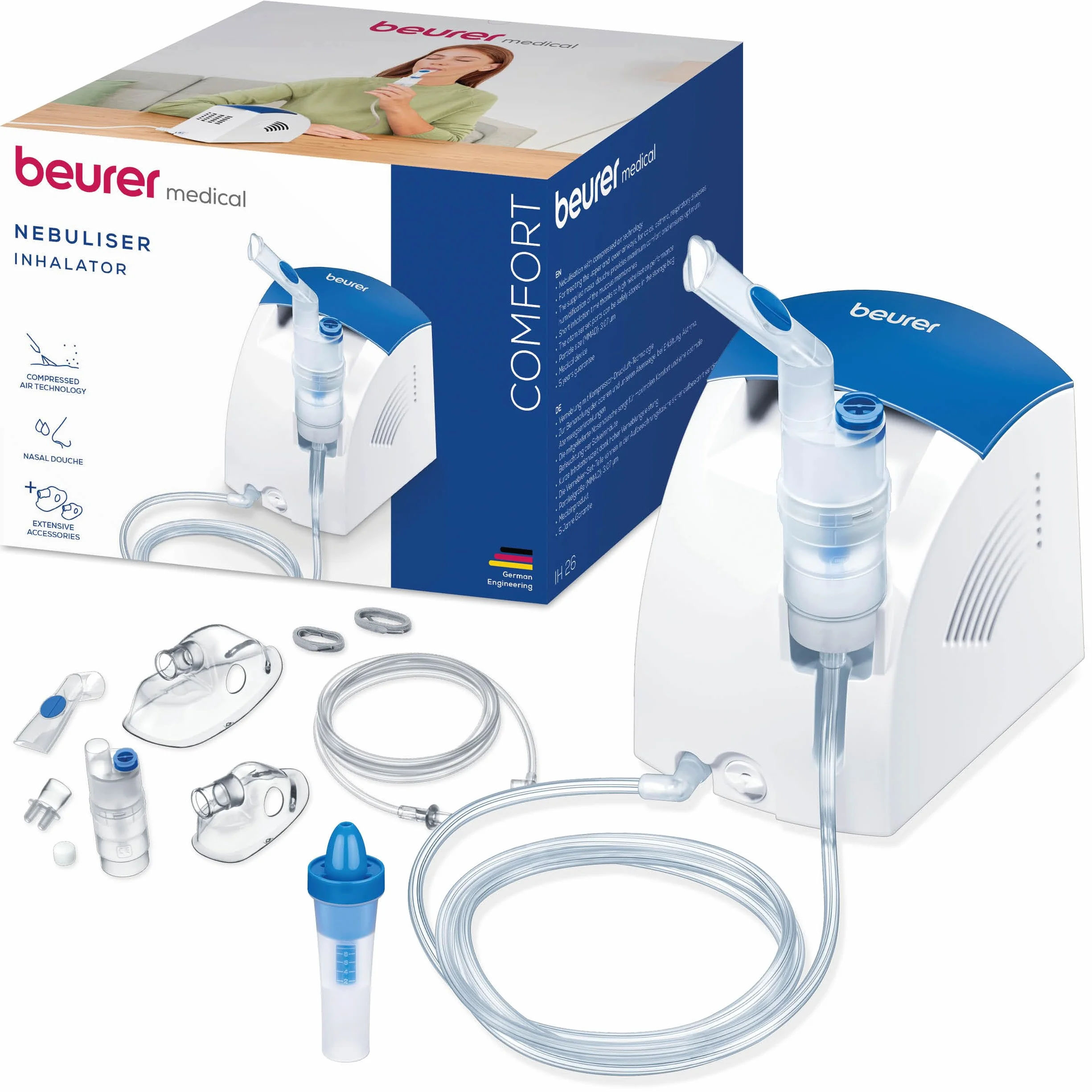 Beurer IH 26 Inhalator, Nebulizator z prysznicem do nosa, wysoka wydajność nebulizacji, inhalator do leczenia chorób dróg oddechowych takich jak astma i przeziębienie, dla dzieci i dorosłych
