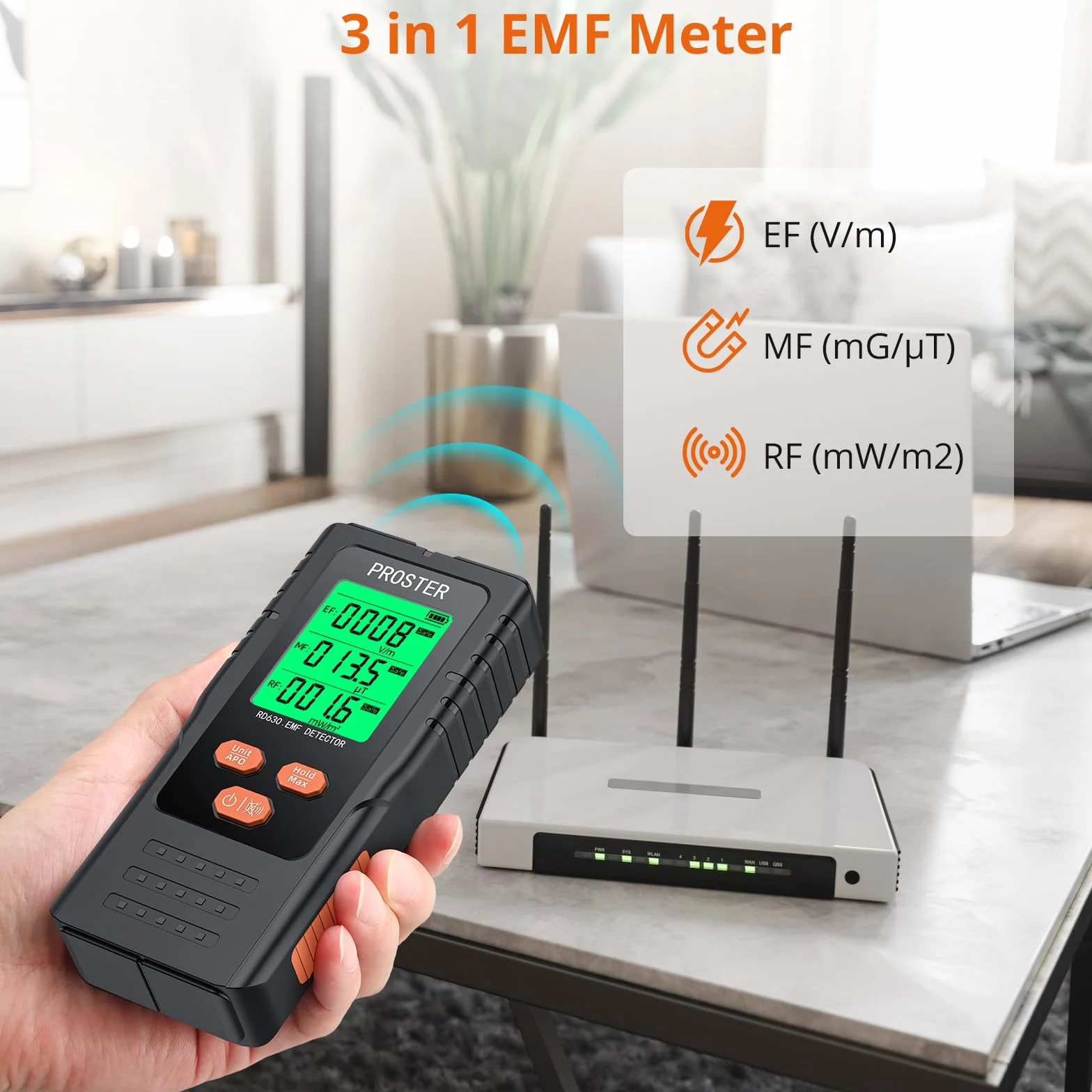 Proster EMF cyfrowy detektor promieniowania 3 w 1 do pól EF RF MF, 5G, WiFi