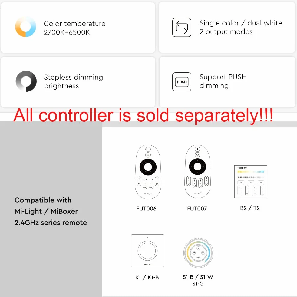 LGIDTECH Miboxer 2 przewody 2 w 1 kontroler LED RF 2,4 GHz, sterowanie aplikacją na smartfona, obsługa jednokolorowych i COB 2 przewodów CCT podwójny biały kolor taśmy LED