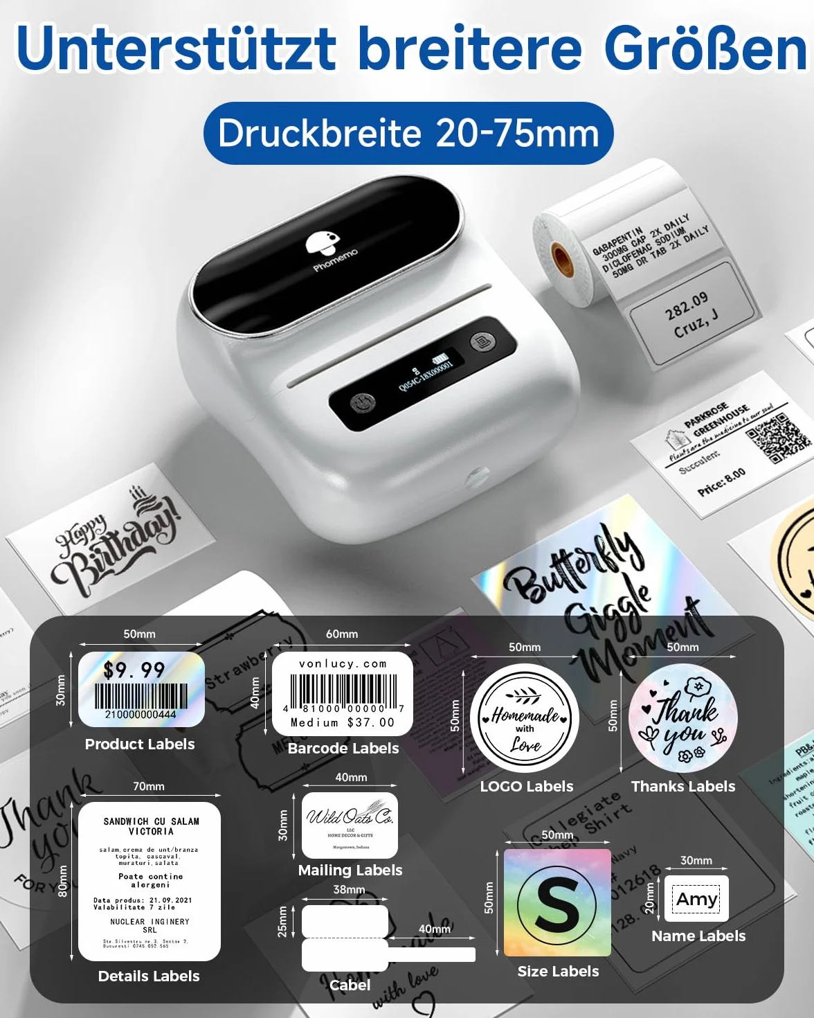 Phomemo M220 drukarka etykiet Bluetooth, przenośne urządzenie do etykietowania, drukarka etykiet do domu, biura i małych firm, obsługa telefonów i PC, z 3 rolkami etykiet