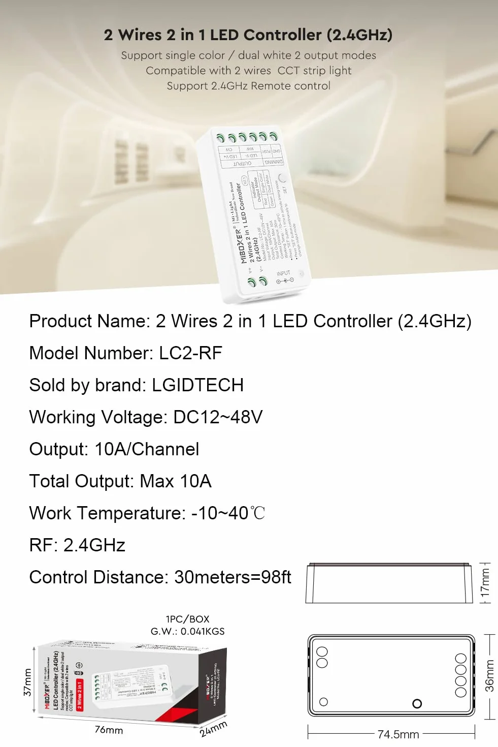 LGIDTECH Miboxer 2 przewody 2 w 1 kontroler LED RF 2,4 GHz, sterowanie aplikacją na smartfona, obsługa jednokolorowych i COB 2 przewodów CCT podwójny biały kolor taśmy LED