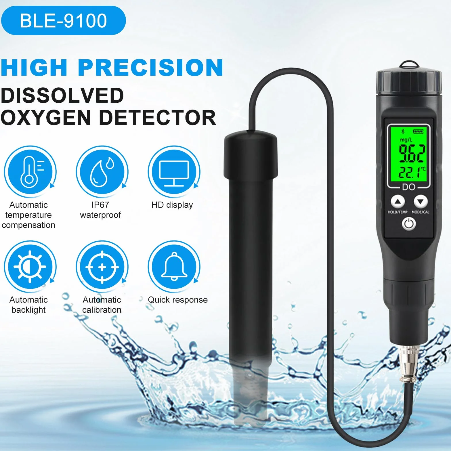 BLE-9100 Bluetooth detektor tlenu do wody, miernik tlenu rozpuszczonego do stawu rybnego akwarium akwakultury