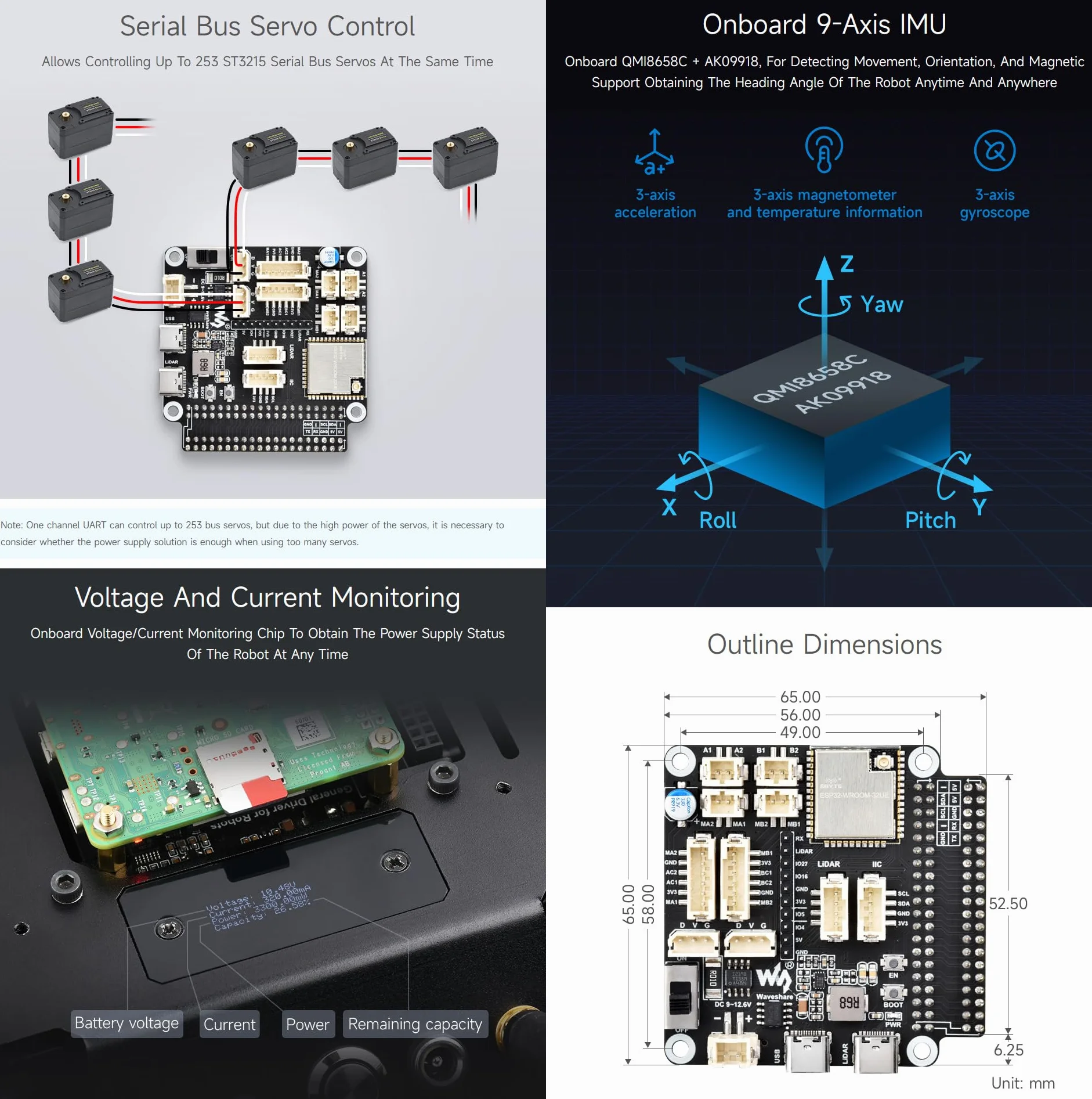 Waveshare General Driver Board for Robots, with Multi-Function Expansion Interfaces, Supports WiFi/ESP-NOW Communications, Compatible With Raspberry Pi/Jetson Nano, ESP32-WROOM-32, ESP32 Dev Board